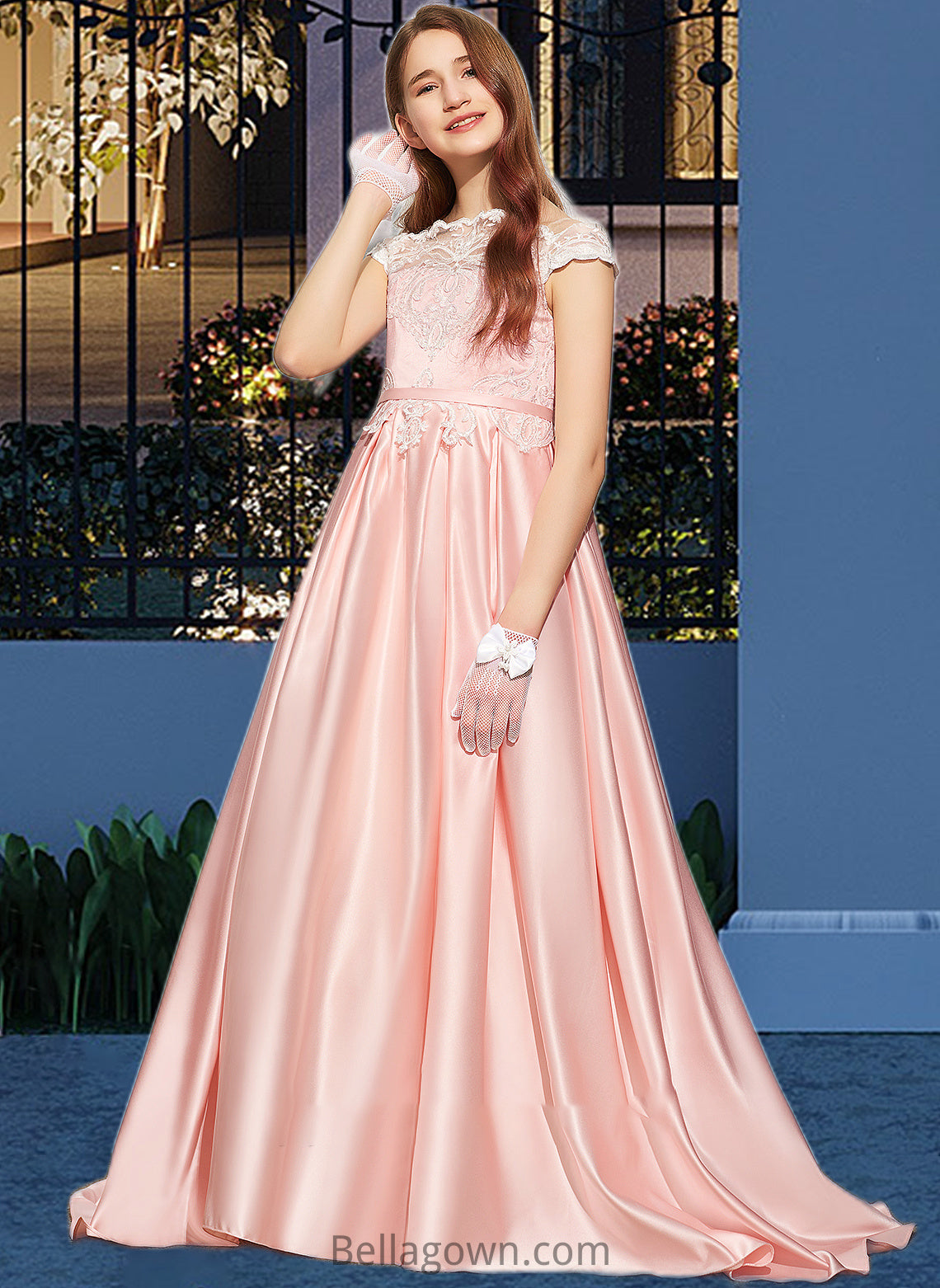 Kenna Ball-Gown/Princess Off-the-Shoulder Sweep Train Satin Lace Junior Bridesmaid Dress DNP0013460