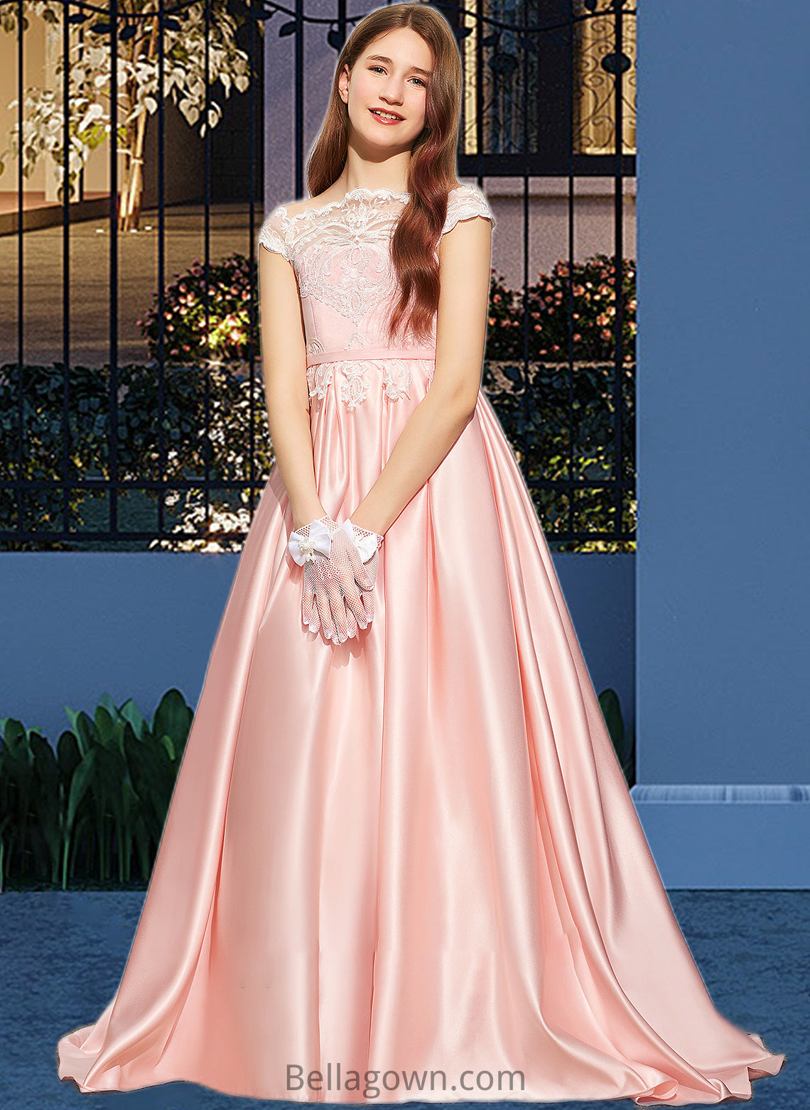 Kenna Ball-Gown/Princess Off-the-Shoulder Sweep Train Satin Lace Junior Bridesmaid Dress DNP0013460