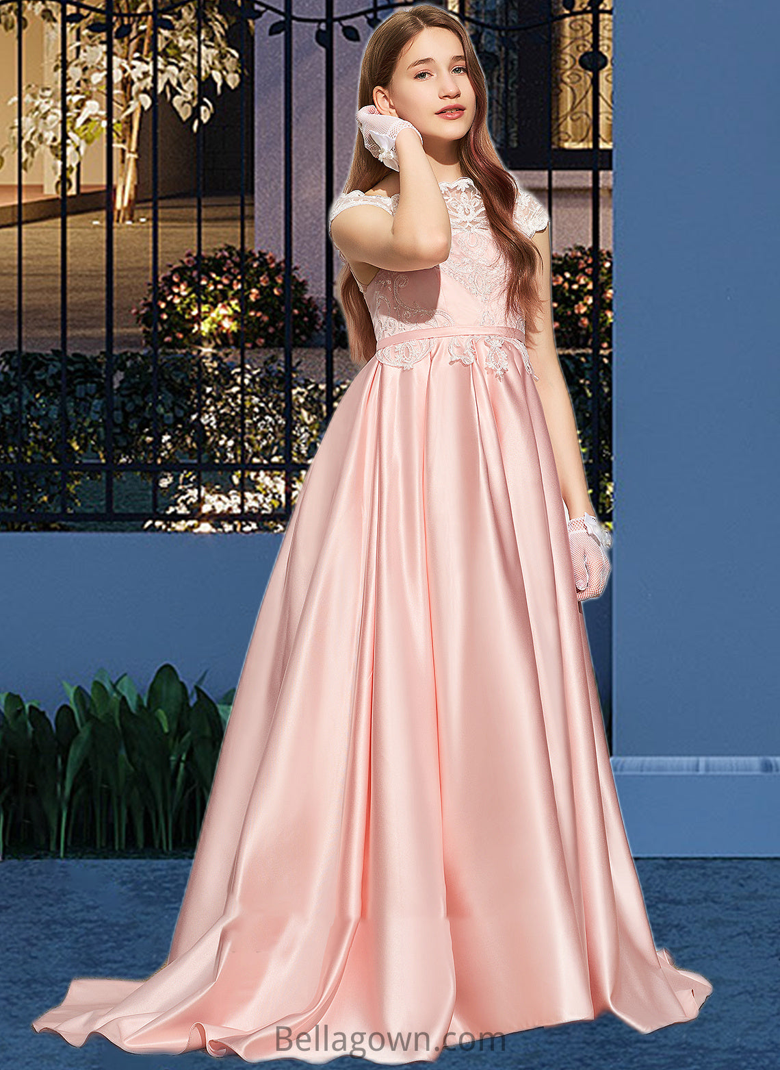 Kenna Ball-Gown/Princess Off-the-Shoulder Sweep Train Satin Lace Junior Bridesmaid Dress DNP0013460