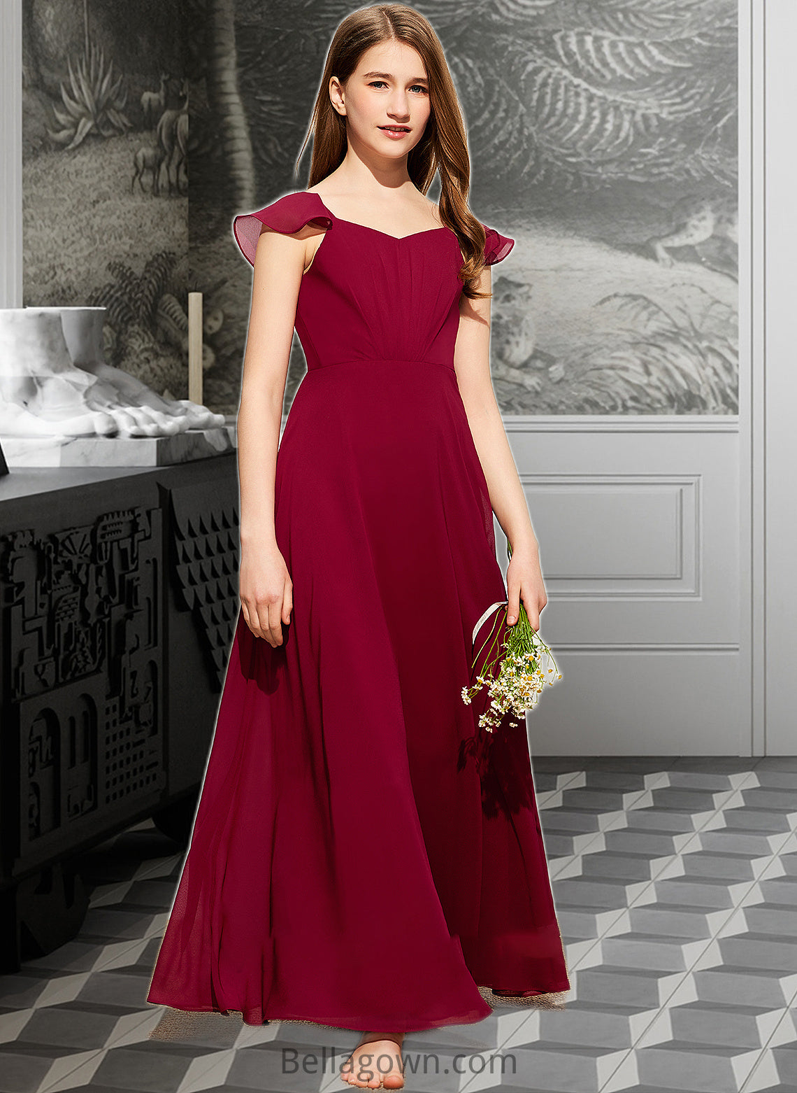 Maci A-Line V-neck Floor-Length Chiffon Junior Bridesmaid Dress With Ruffle DNP0013461