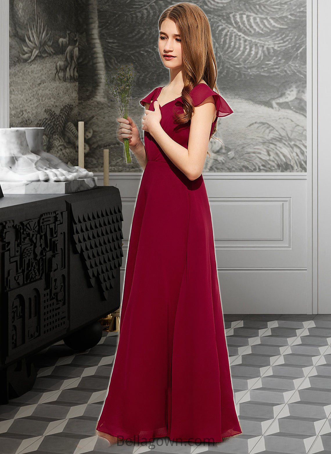 Maci A-Line V-neck Floor-Length Chiffon Junior Bridesmaid Dress With Ruffle DNP0013461