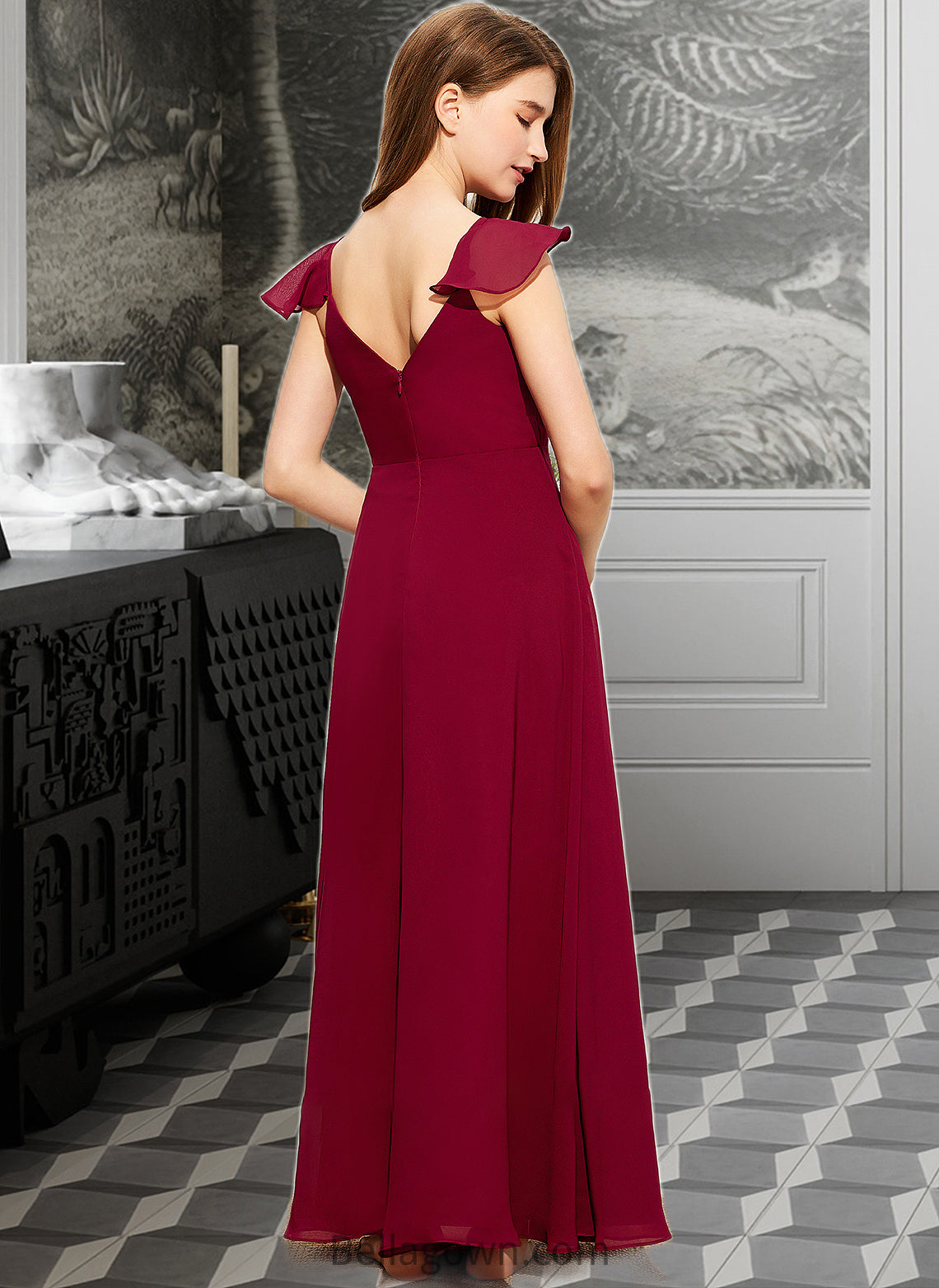 Maci A-Line V-neck Floor-Length Chiffon Junior Bridesmaid Dress With Ruffle DNP0013461