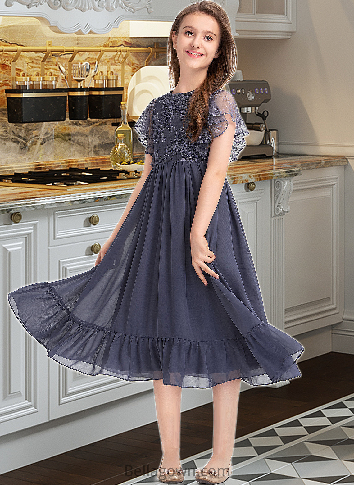 Andrea A-Line Scoop Neck Knee-Length Chiffon Lace Junior Bridesmaid Dress With Cascading Ruffles DNP0013462