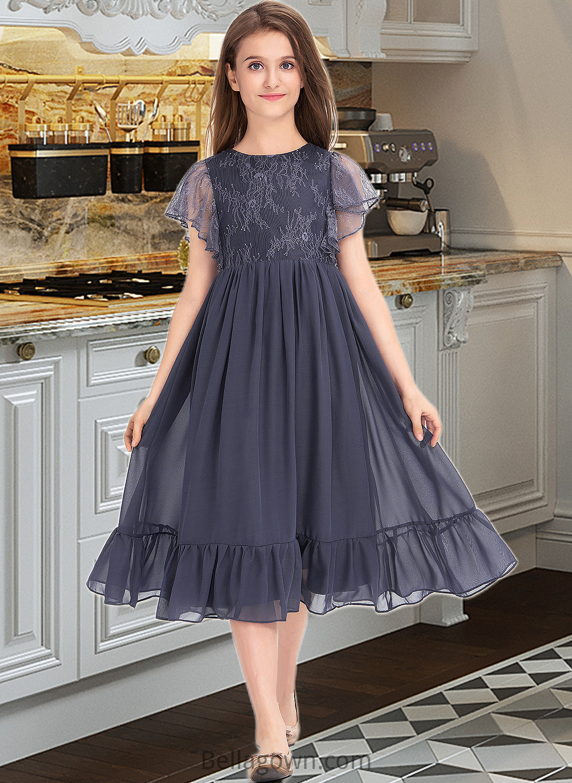 Andrea A-Line Scoop Neck Knee-Length Chiffon Lace Junior Bridesmaid Dress With Cascading Ruffles DNP0013462