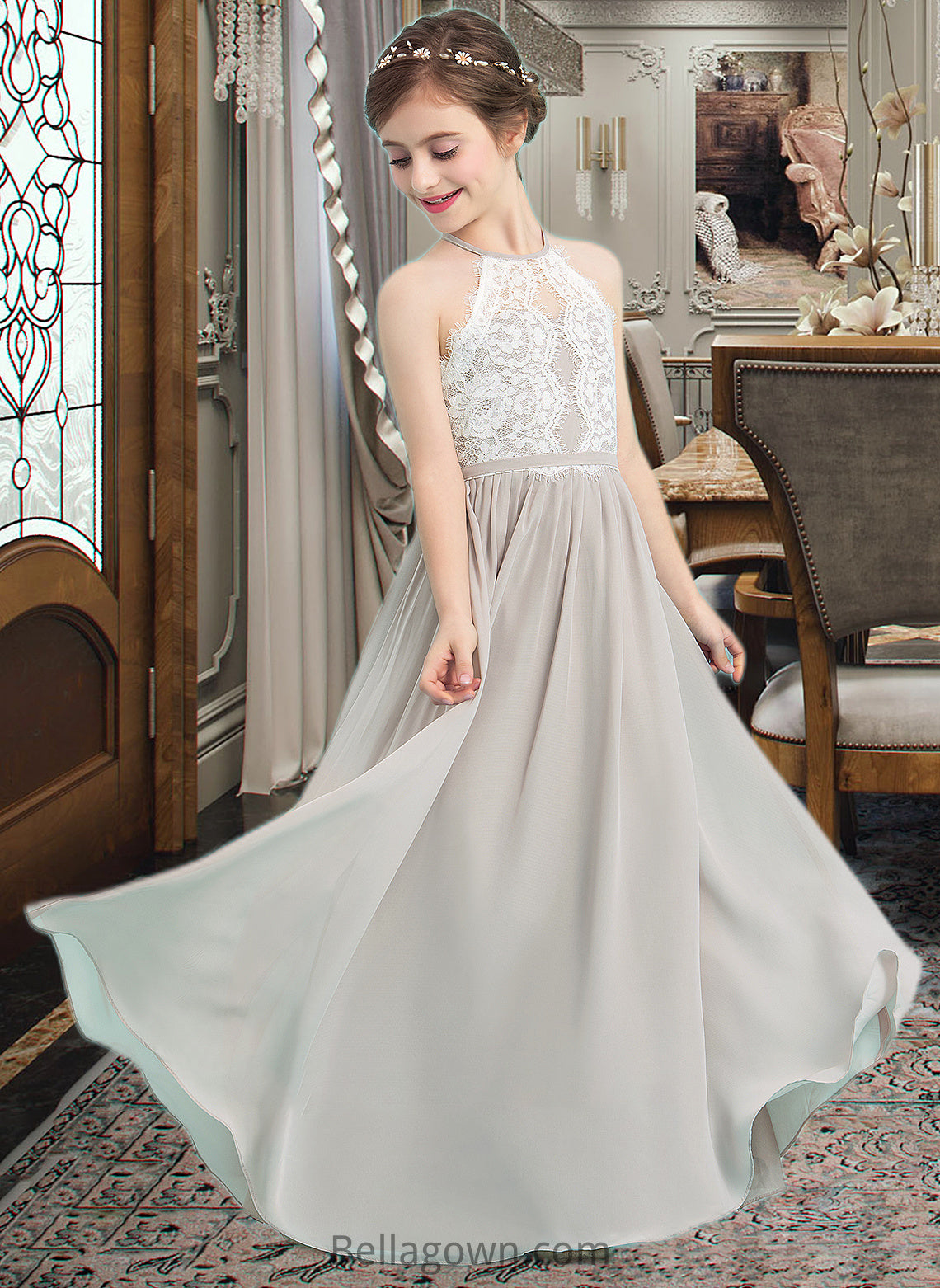 Alexa A-Line Scoop Neck Floor-Length Chiffon Junior Bridesmaid Dress DNP0013463