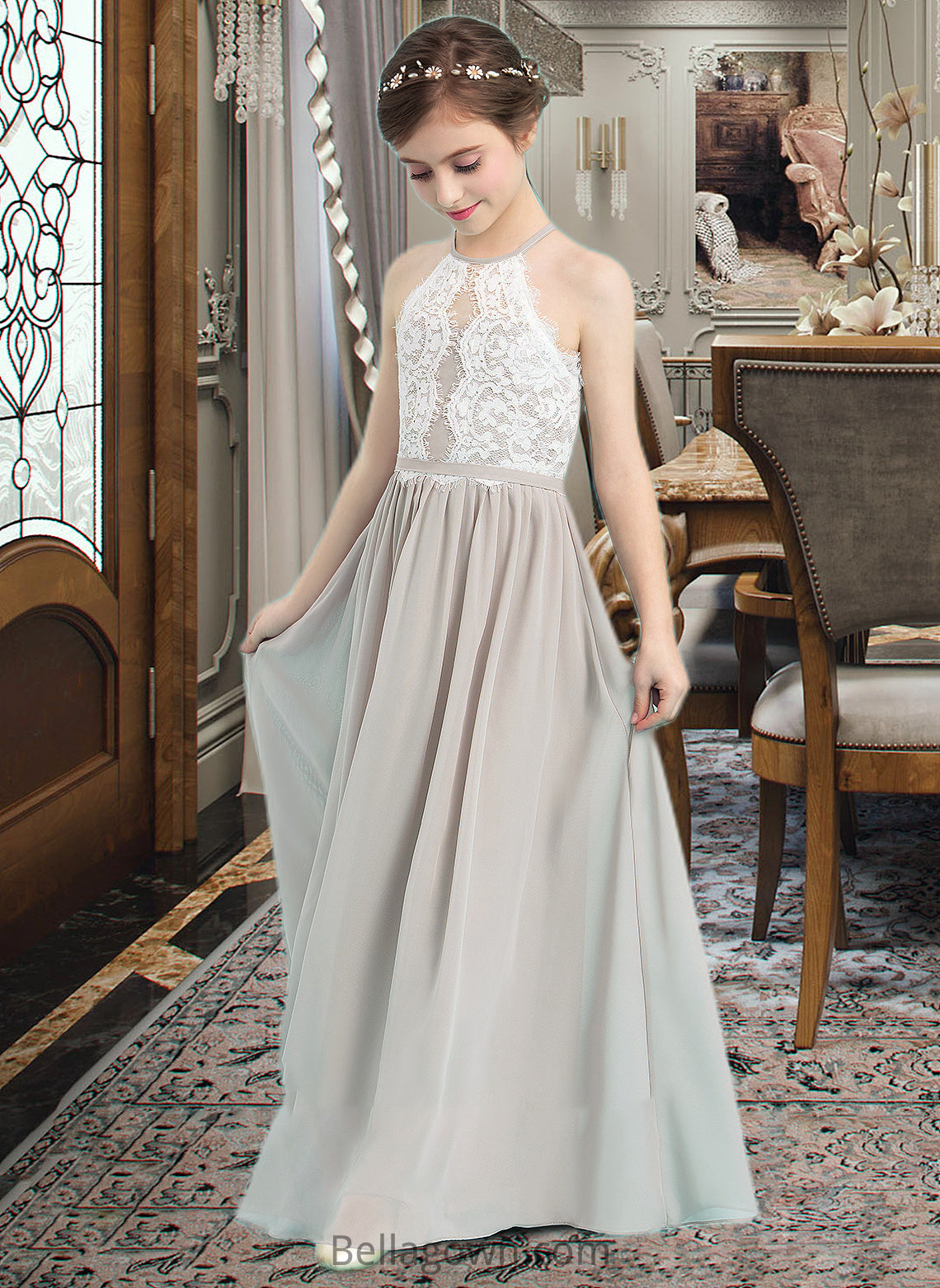 Alexa A-Line Scoop Neck Floor-Length Chiffon Junior Bridesmaid Dress DNP0013463