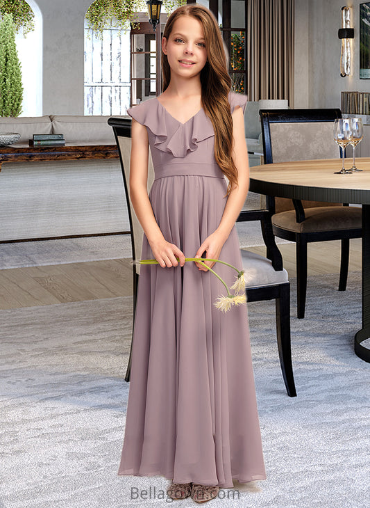 Sadie A-Line V-neck Floor-Length Chiffon Junior Bridesmaid Dress With Cascading Ruffles DNP0013464