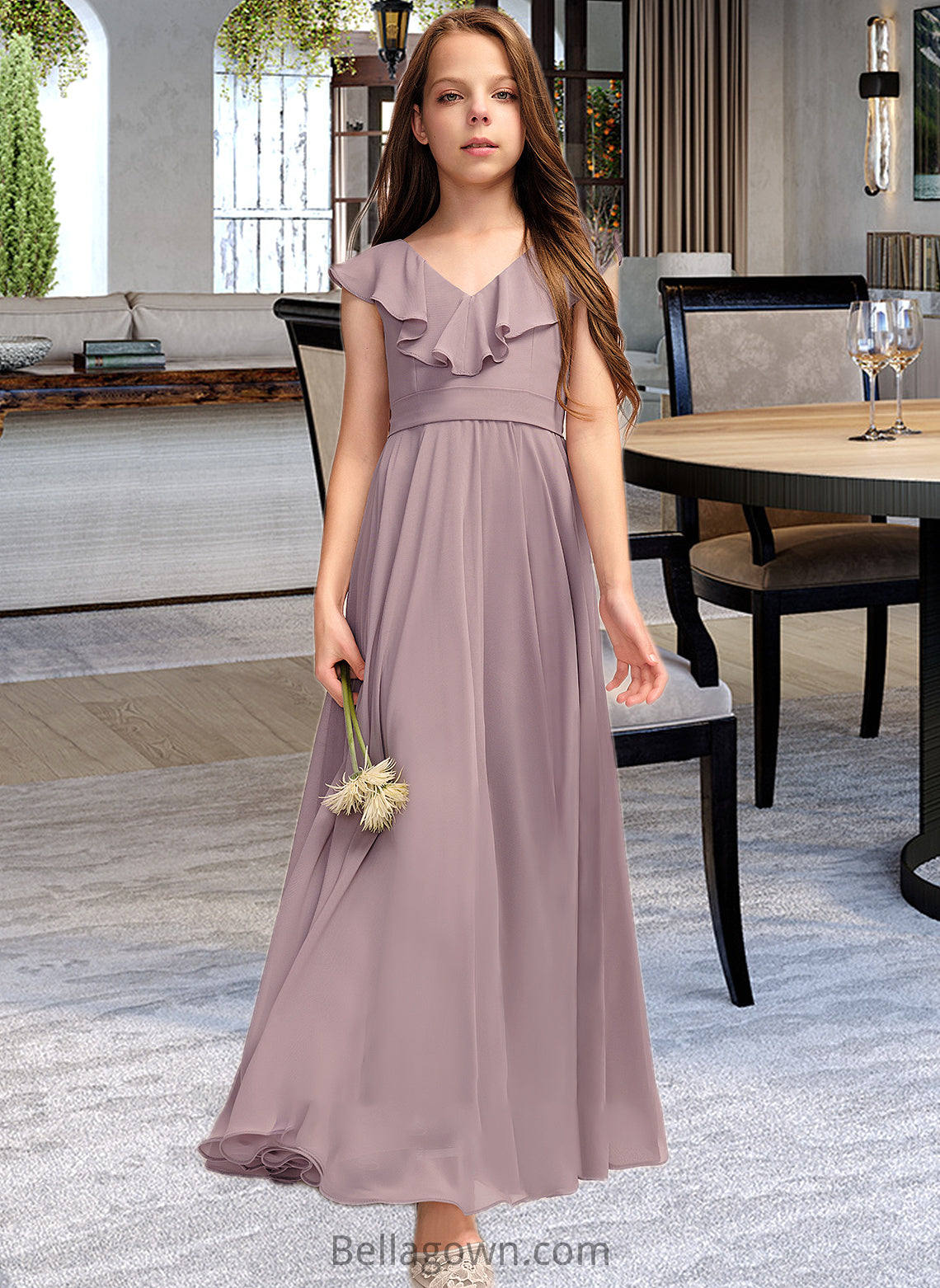 Sadie A-Line V-neck Floor-Length Chiffon Junior Bridesmaid Dress With Cascading Ruffles DNP0013464