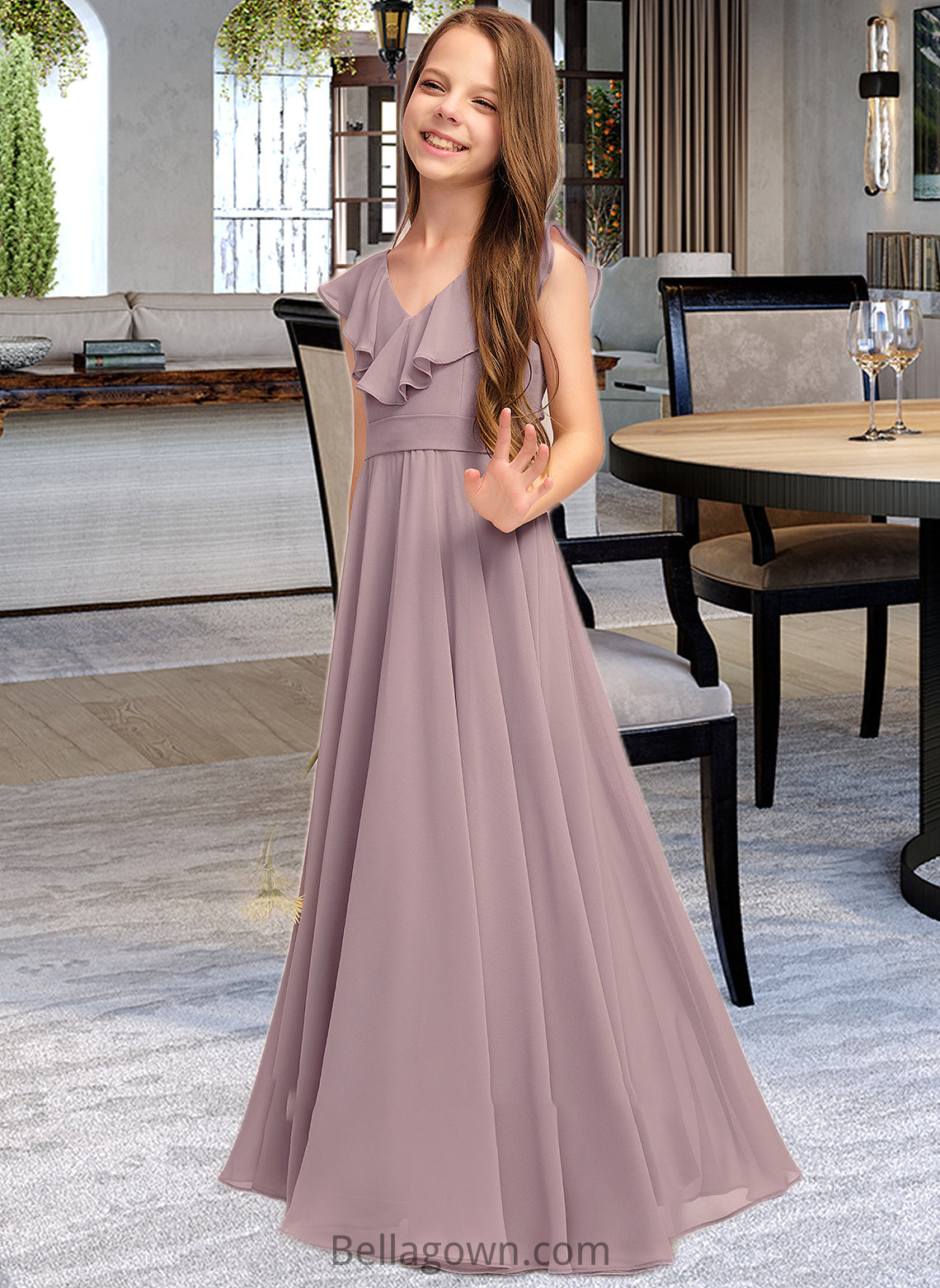 Sadie A-Line V-neck Floor-Length Chiffon Junior Bridesmaid Dress With Cascading Ruffles DNP0013464