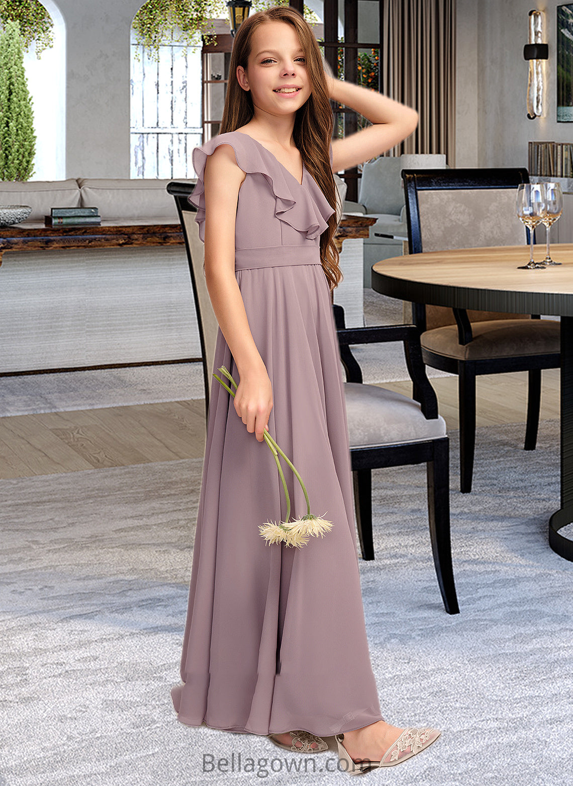 Sadie A-Line V-neck Floor-Length Chiffon Junior Bridesmaid Dress With Cascading Ruffles DNP0013464