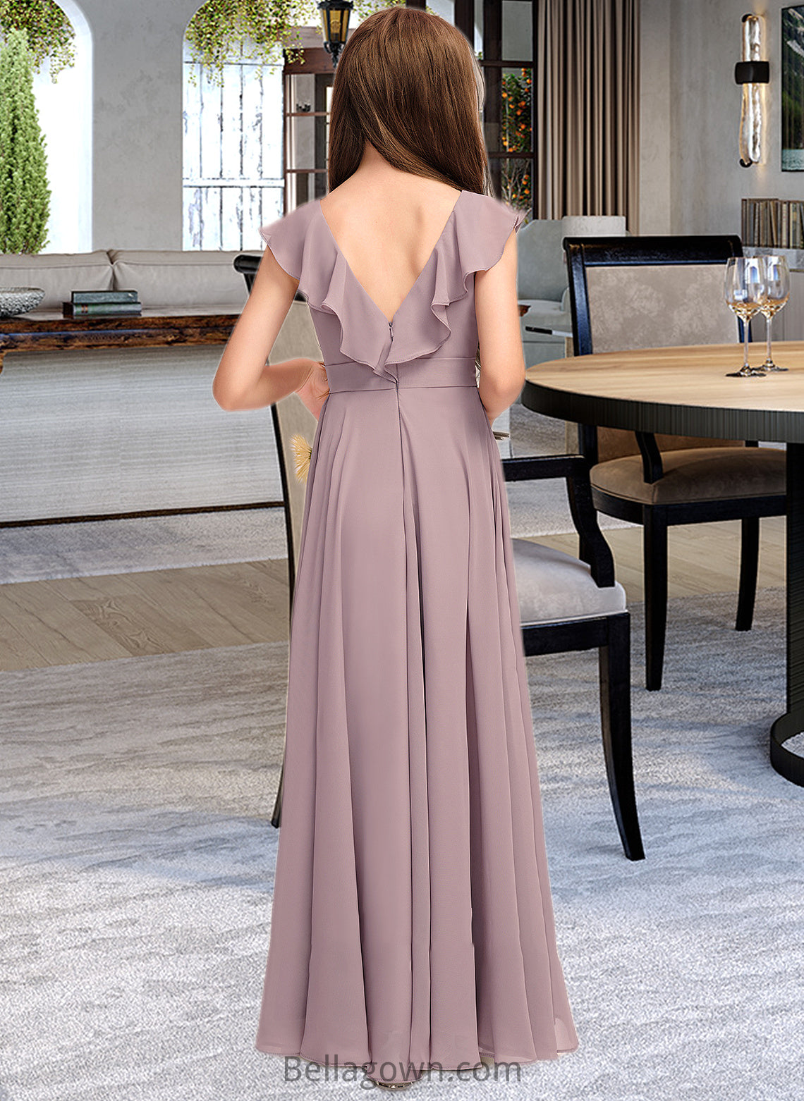 Sadie A-Line V-neck Floor-Length Chiffon Junior Bridesmaid Dress With Cascading Ruffles DNP0013464