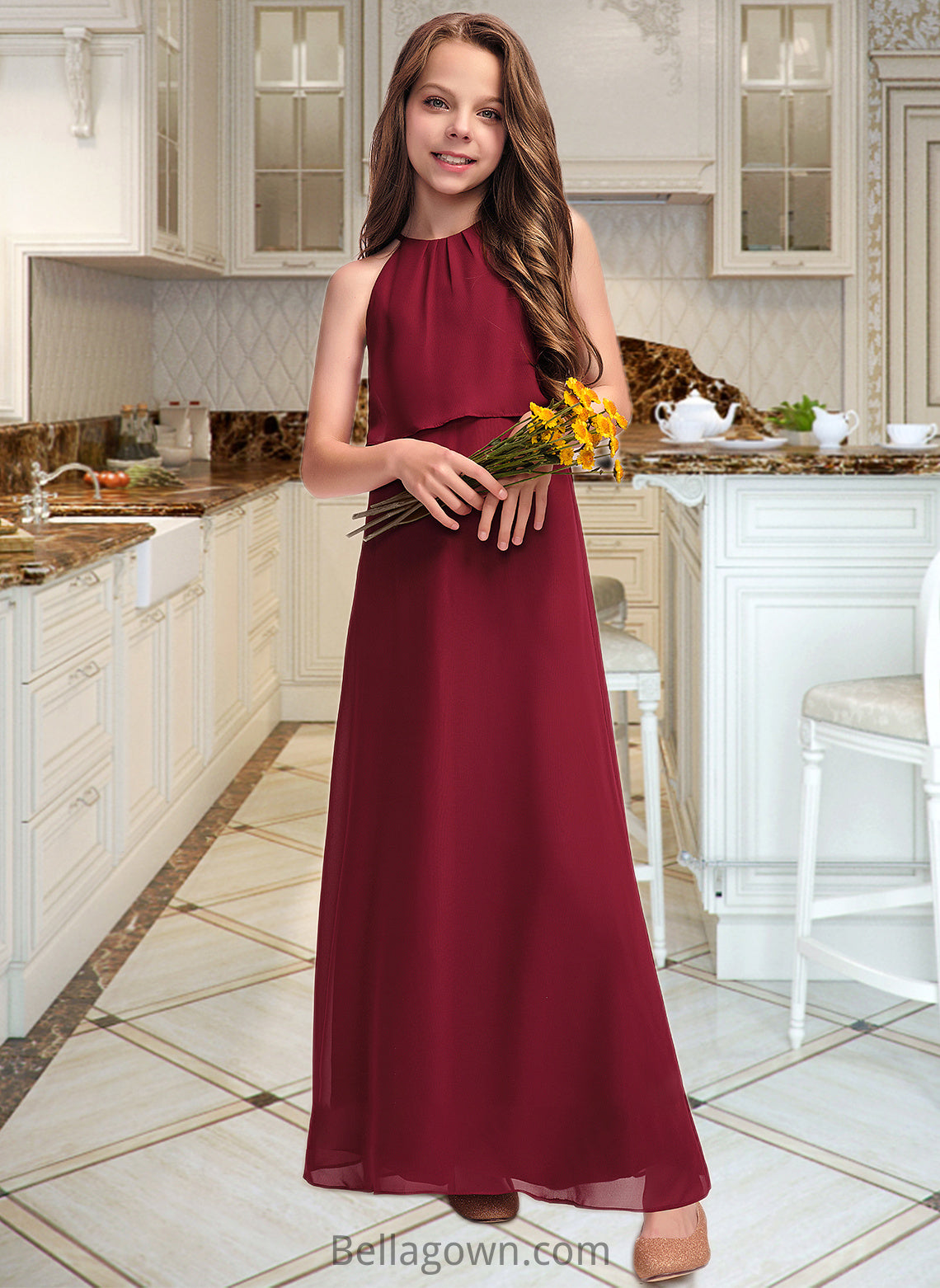 Marely A-Line Scoop Neck Floor-Length Chiffon Junior Bridesmaid Dress With Ruffles DNP0013465