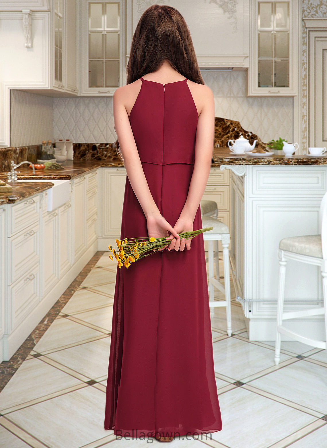 Marely A-Line Scoop Neck Floor-Length Chiffon Junior Bridesmaid Dress With Ruffles DNP0013465