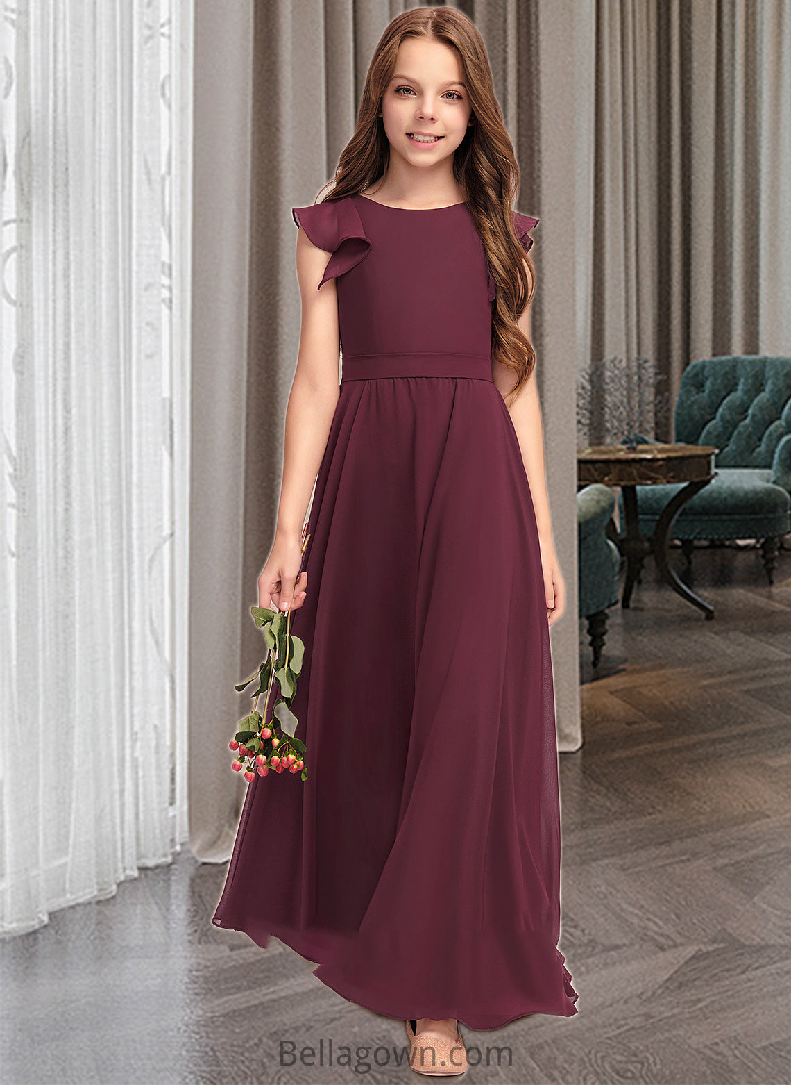 Crystal A-Line Scoop Neck Floor-Length Chiffon Junior Bridesmaid Dress With Cascading Ruffles DNP0013466