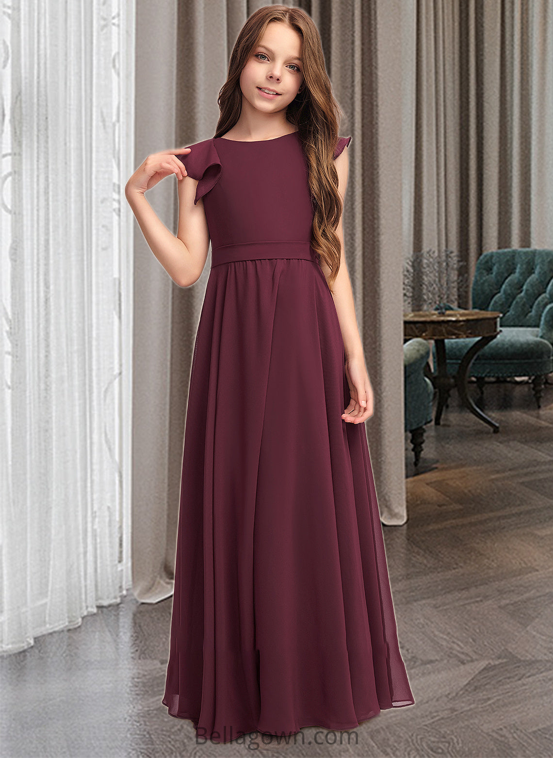 Crystal A-Line Scoop Neck Floor-Length Chiffon Junior Bridesmaid Dress With Cascading Ruffles DNP0013466