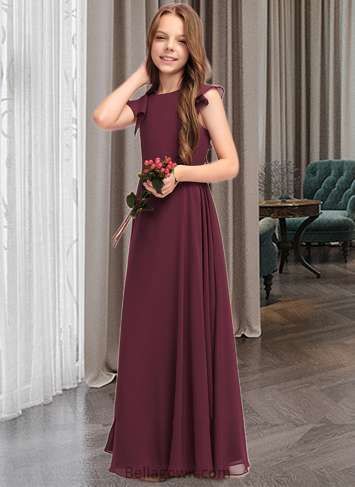 Crystal A-Line Scoop Neck Floor-Length Chiffon Junior Bridesmaid Dress With Cascading Ruffles DNP0013466