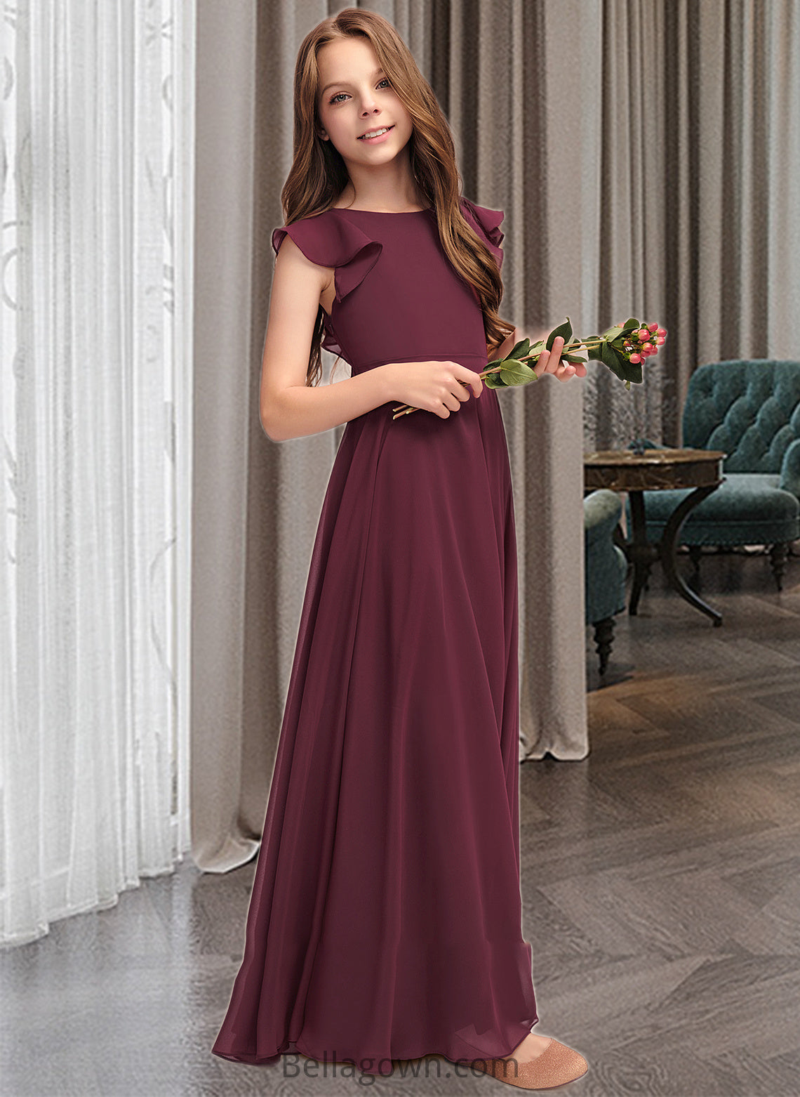 Crystal A-Line Scoop Neck Floor-Length Chiffon Junior Bridesmaid Dress With Cascading Ruffles DNP0013466