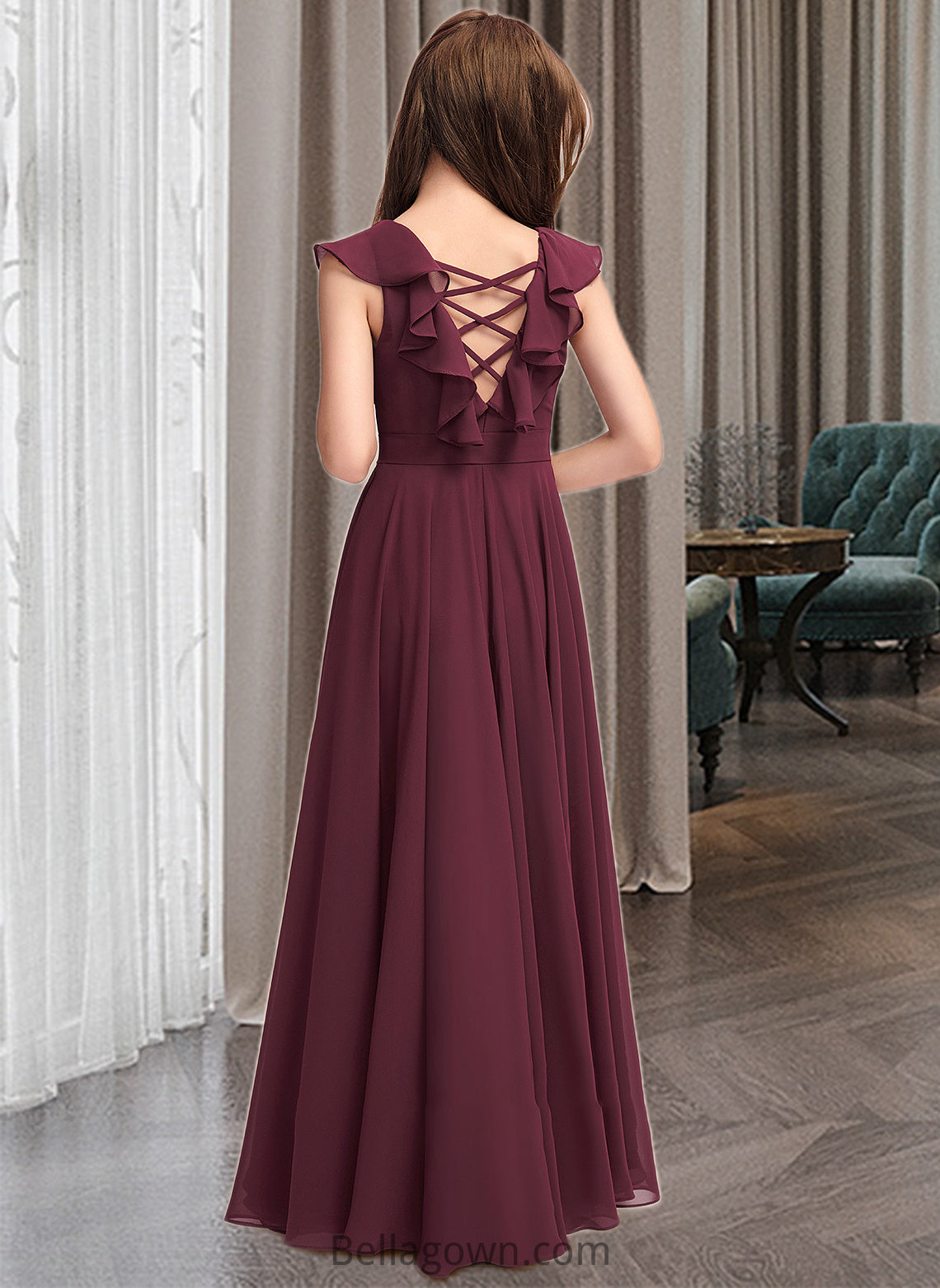 Crystal A-Line Scoop Neck Floor-Length Chiffon Junior Bridesmaid Dress With Cascading Ruffles DNP0013466