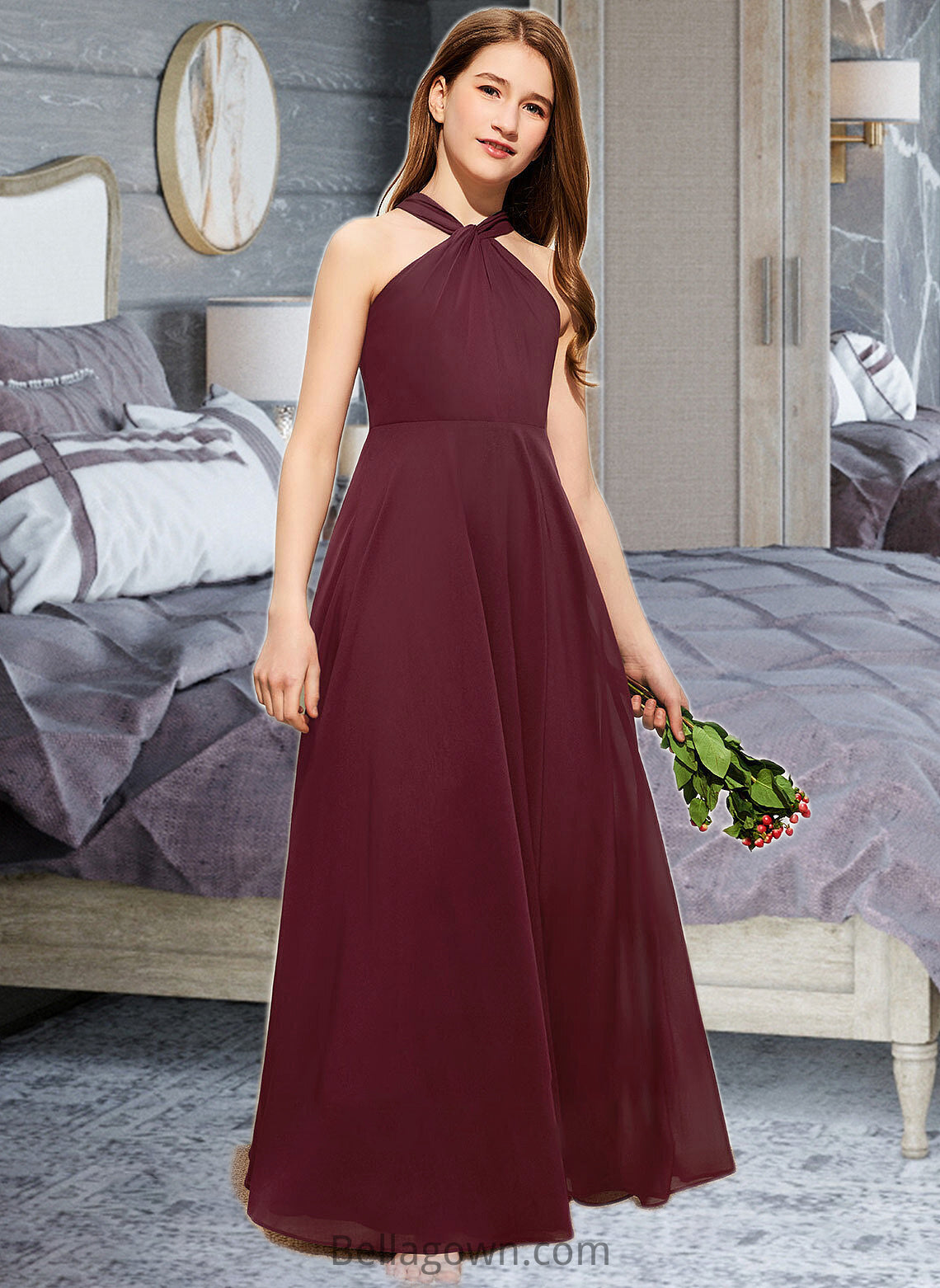 Aylin A-Line V-neck Floor-Length Chiffon Junior Bridesmaid Dress With Ruffle DNP0013468