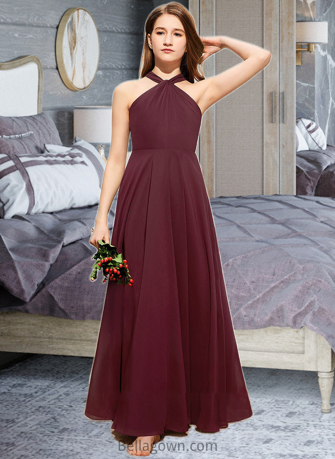 Aylin A-Line V-neck Floor-Length Chiffon Junior Bridesmaid Dress With Ruffle DNP0013468