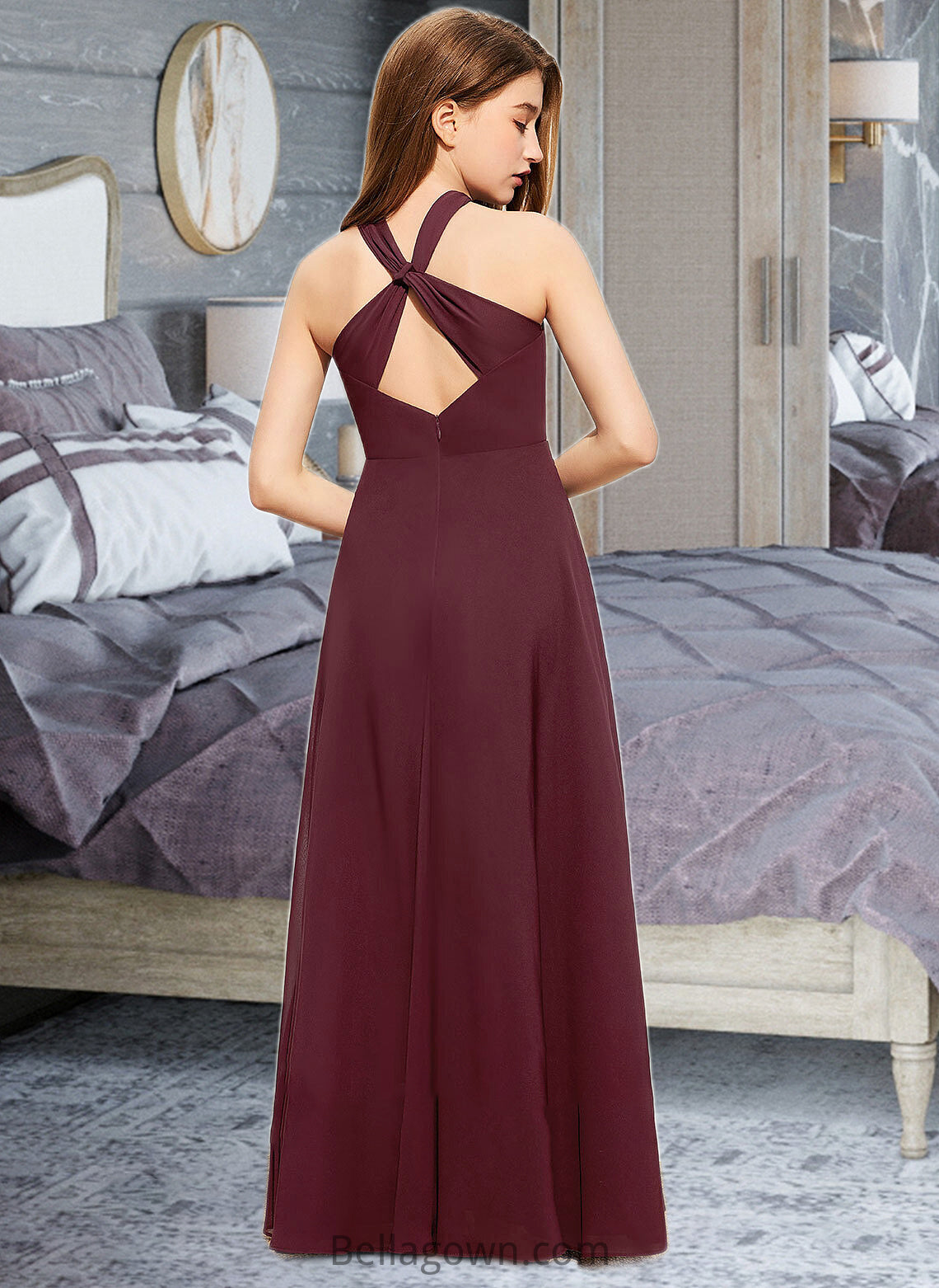 Aylin A-Line V-neck Floor-Length Chiffon Junior Bridesmaid Dress With Ruffle DNP0013468