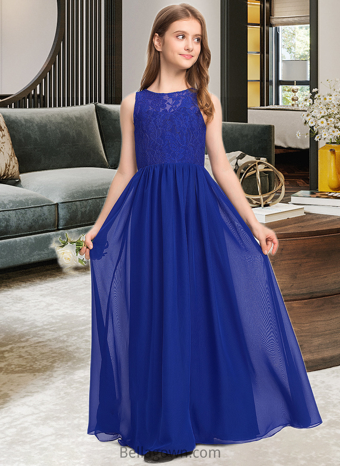 Alejandra A-Line Scoop Neck Floor-Length Chiffon Lace Junior Bridesmaid Dress DNP0013469