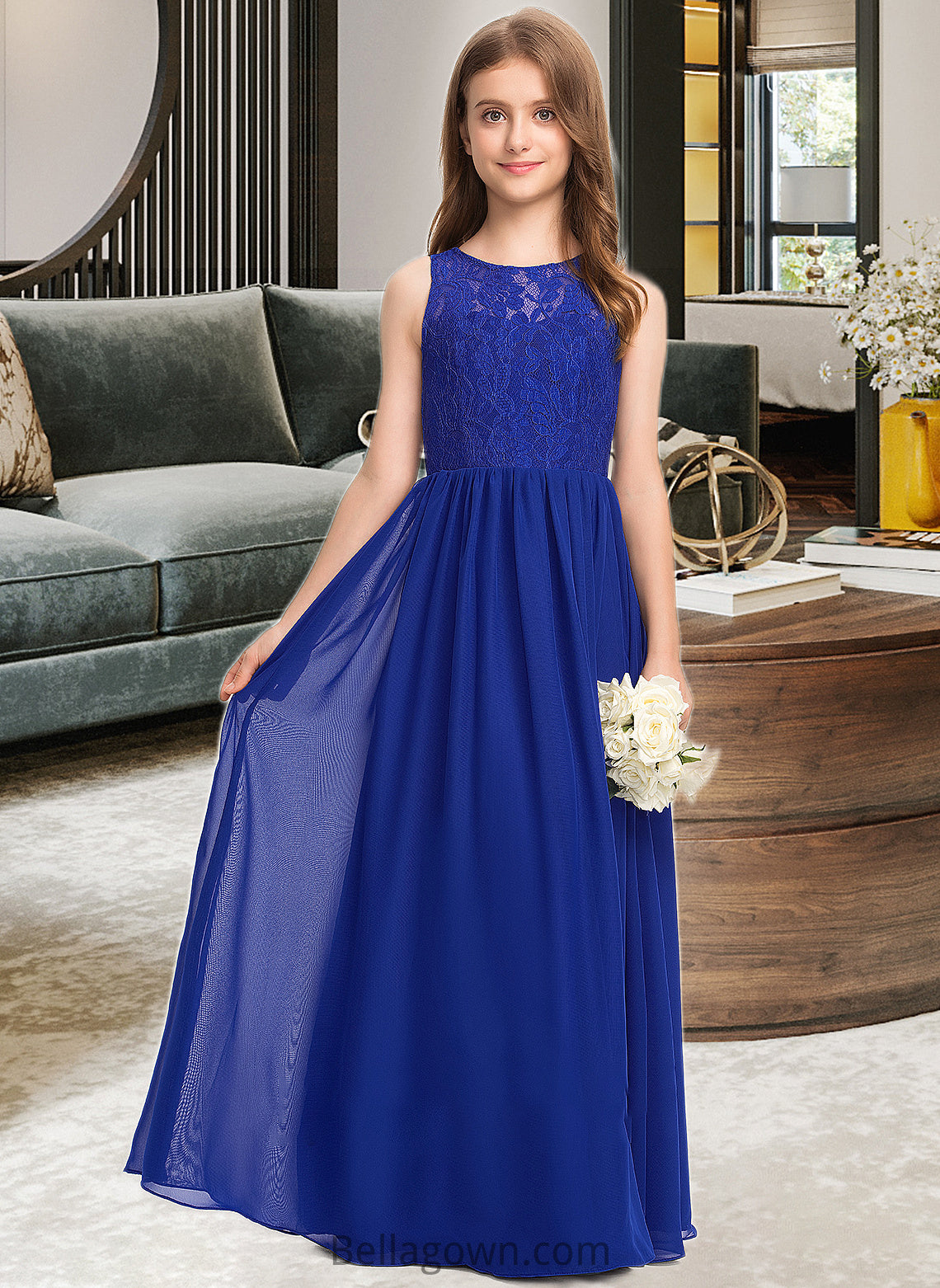 Alejandra A-Line Scoop Neck Floor-Length Chiffon Lace Junior Bridesmaid Dress DNP0013469