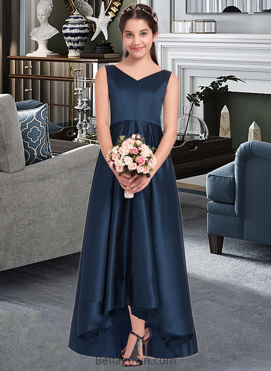 Sofia A-Line V-neck Asymmetrical Satin Junior Bridesmaid Dress DNP0013471