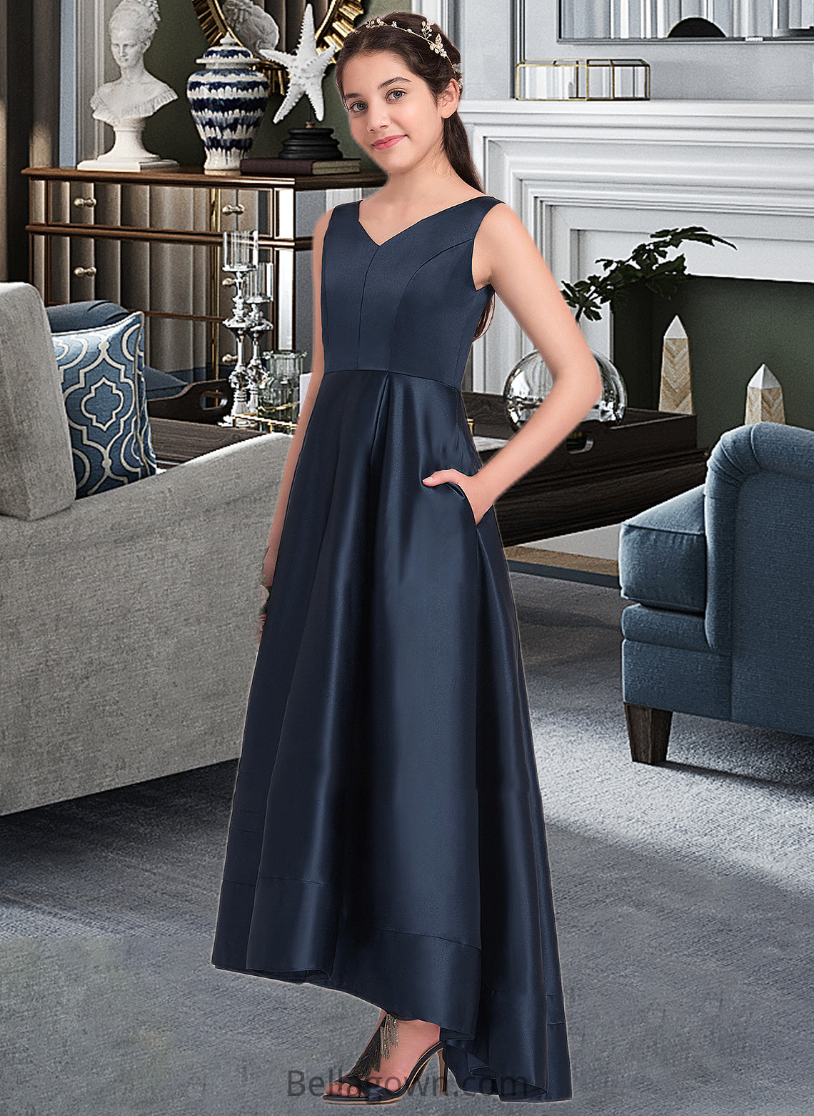 Sofia A-Line V-neck Asymmetrical Satin Junior Bridesmaid Dress DNP0013471