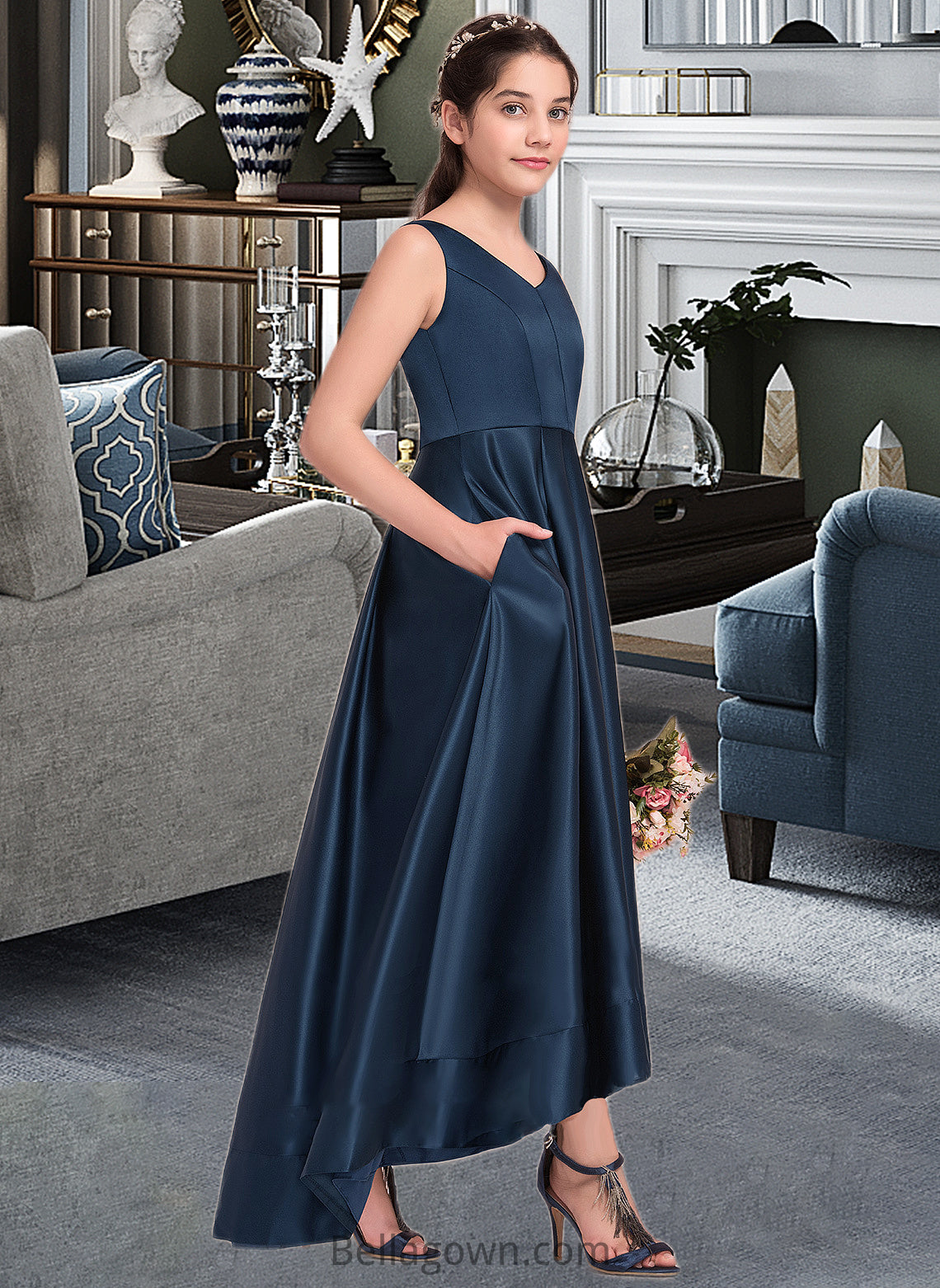 Sofia A-Line V-neck Asymmetrical Satin Junior Bridesmaid Dress DNP0013471