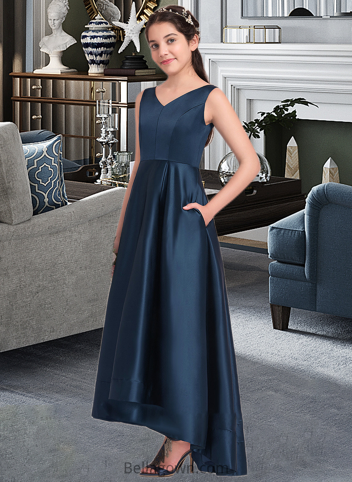 Sofia A-Line V-neck Asymmetrical Satin Junior Bridesmaid Dress DNP0013471