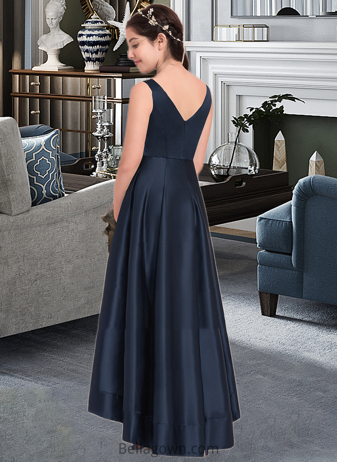 Sofia A-Line V-neck Asymmetrical Satin Junior Bridesmaid Dress DNP0013471