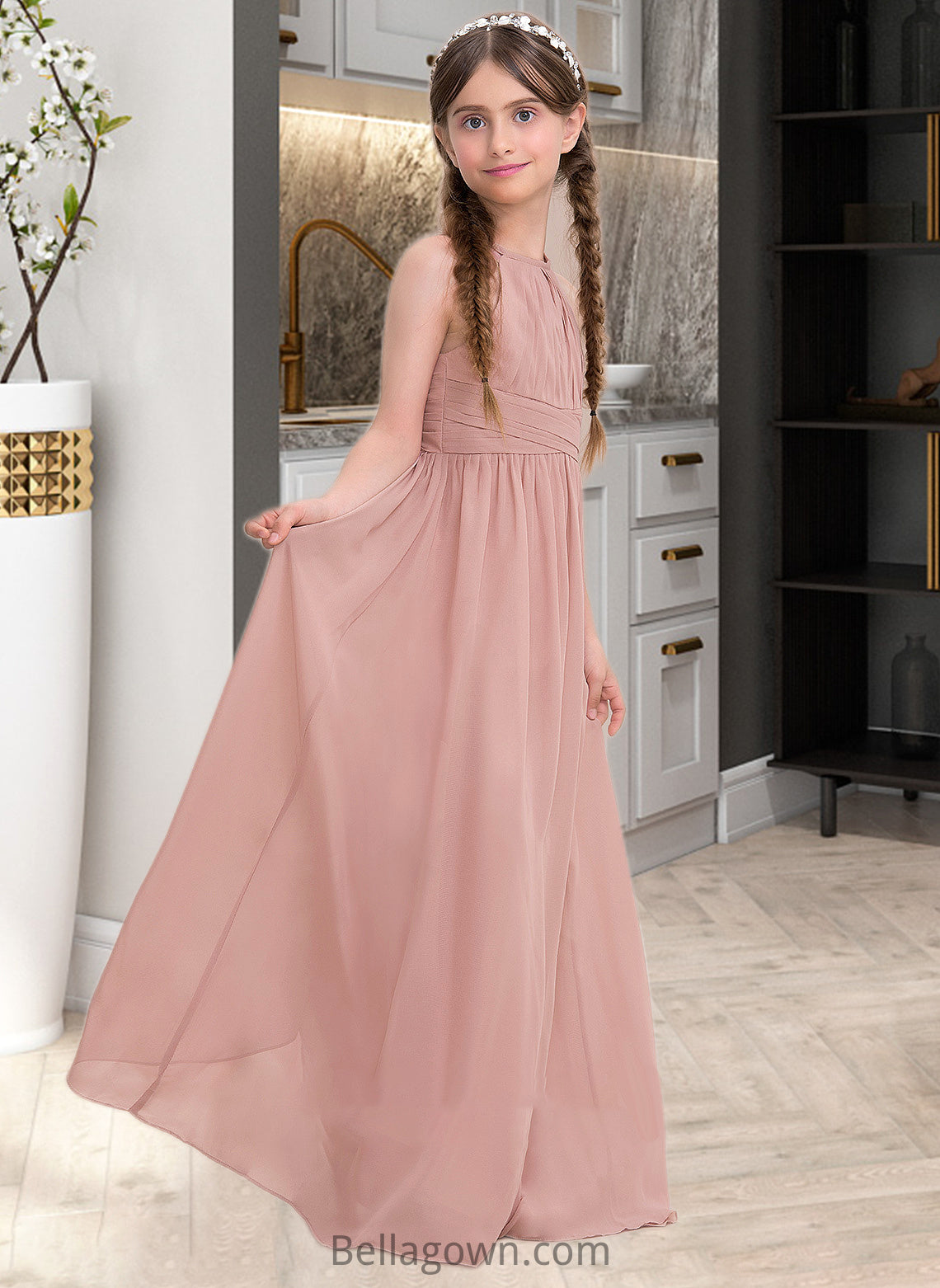 Robin A-Line Scoop Neck Floor-Length Chiffon Junior Bridesmaid Dress With Ruffle DNP0013473