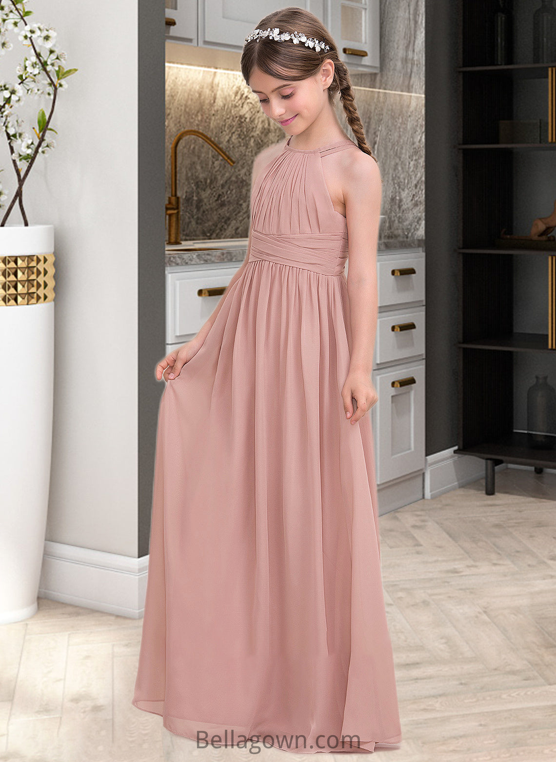 Robin A-Line Scoop Neck Floor-Length Chiffon Junior Bridesmaid Dress With Ruffle DNP0013473