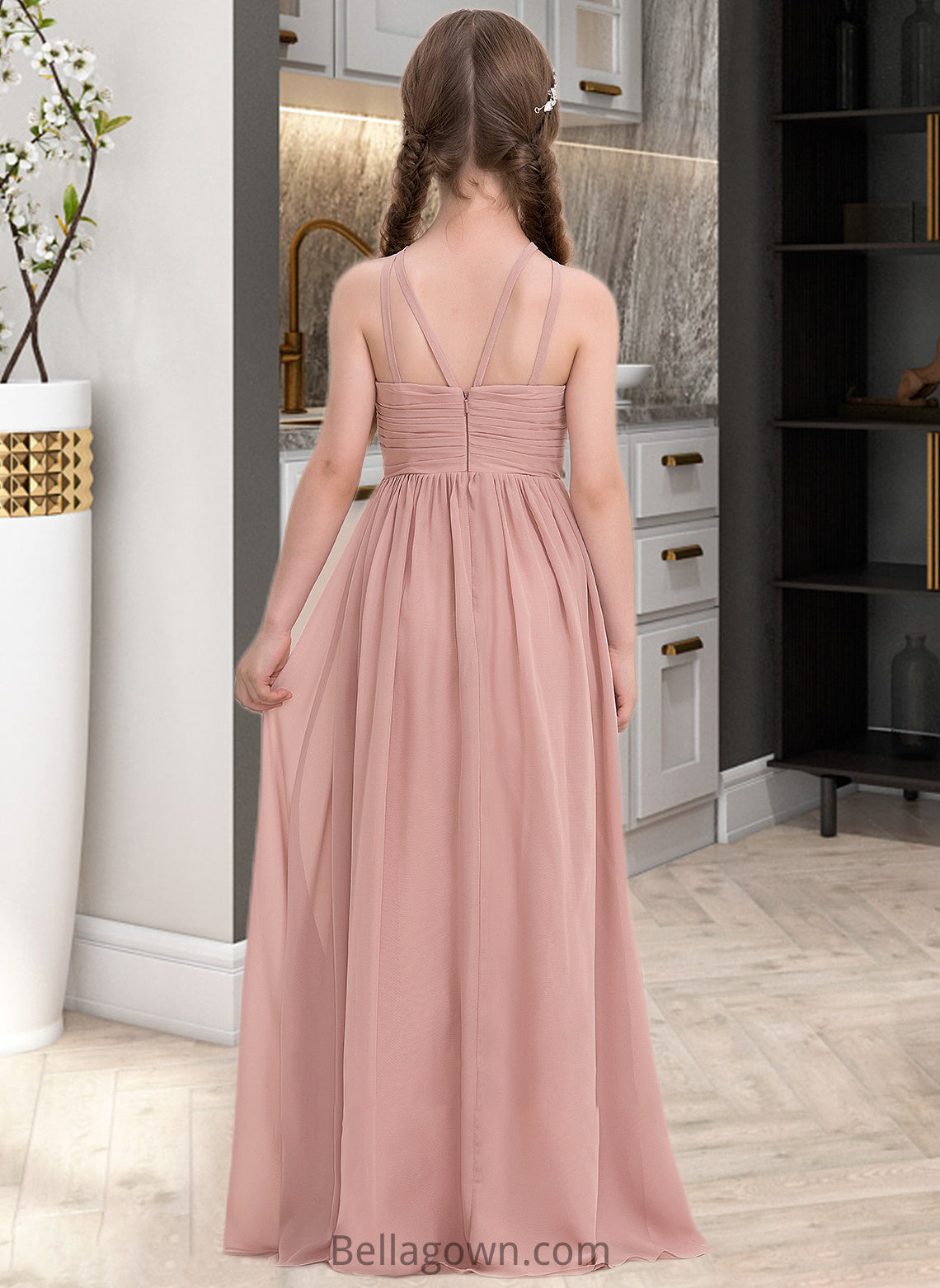 Robin A-Line Scoop Neck Floor-Length Chiffon Junior Bridesmaid Dress With Ruffle DNP0013473