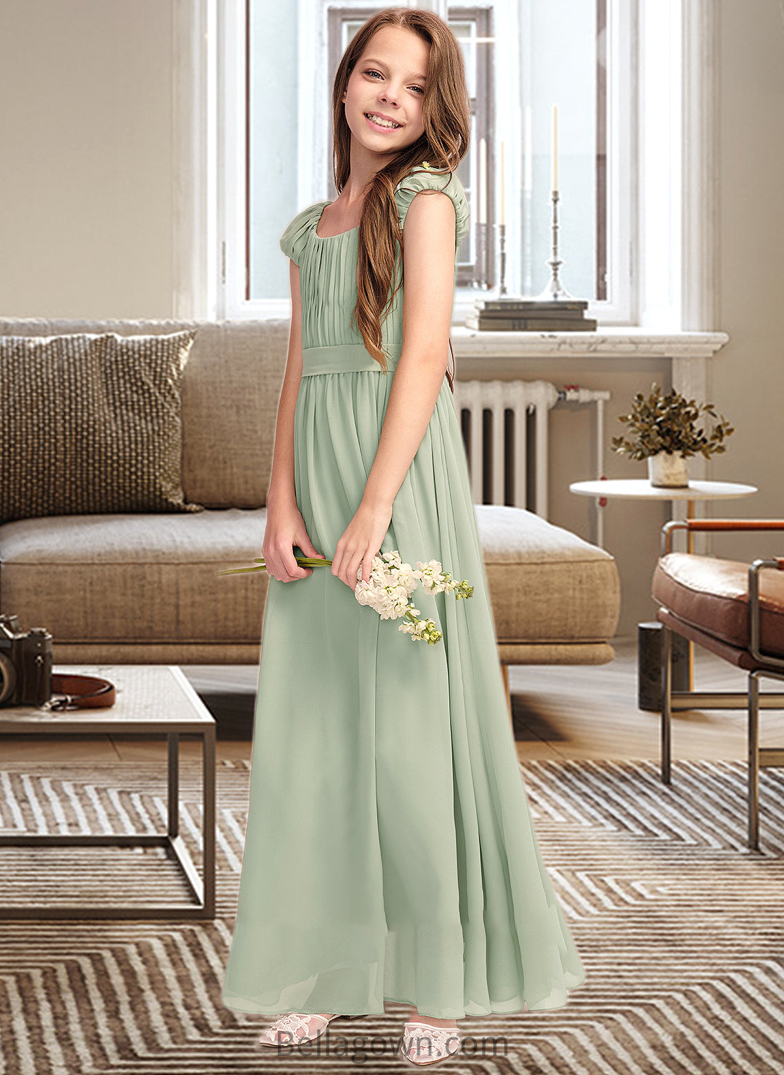 Michaela A-Line Scoop Neck Floor-Length Chiffon Junior Bridesmaid Dress With Ruffle Bow(s) DNP0013474