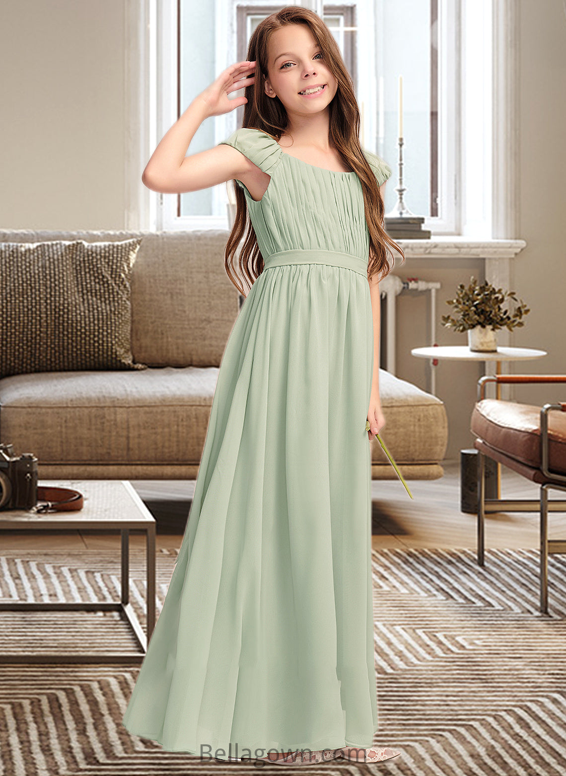 Michaela A-Line Scoop Neck Floor-Length Chiffon Junior Bridesmaid Dress With Ruffle Bow(s) DNP0013474