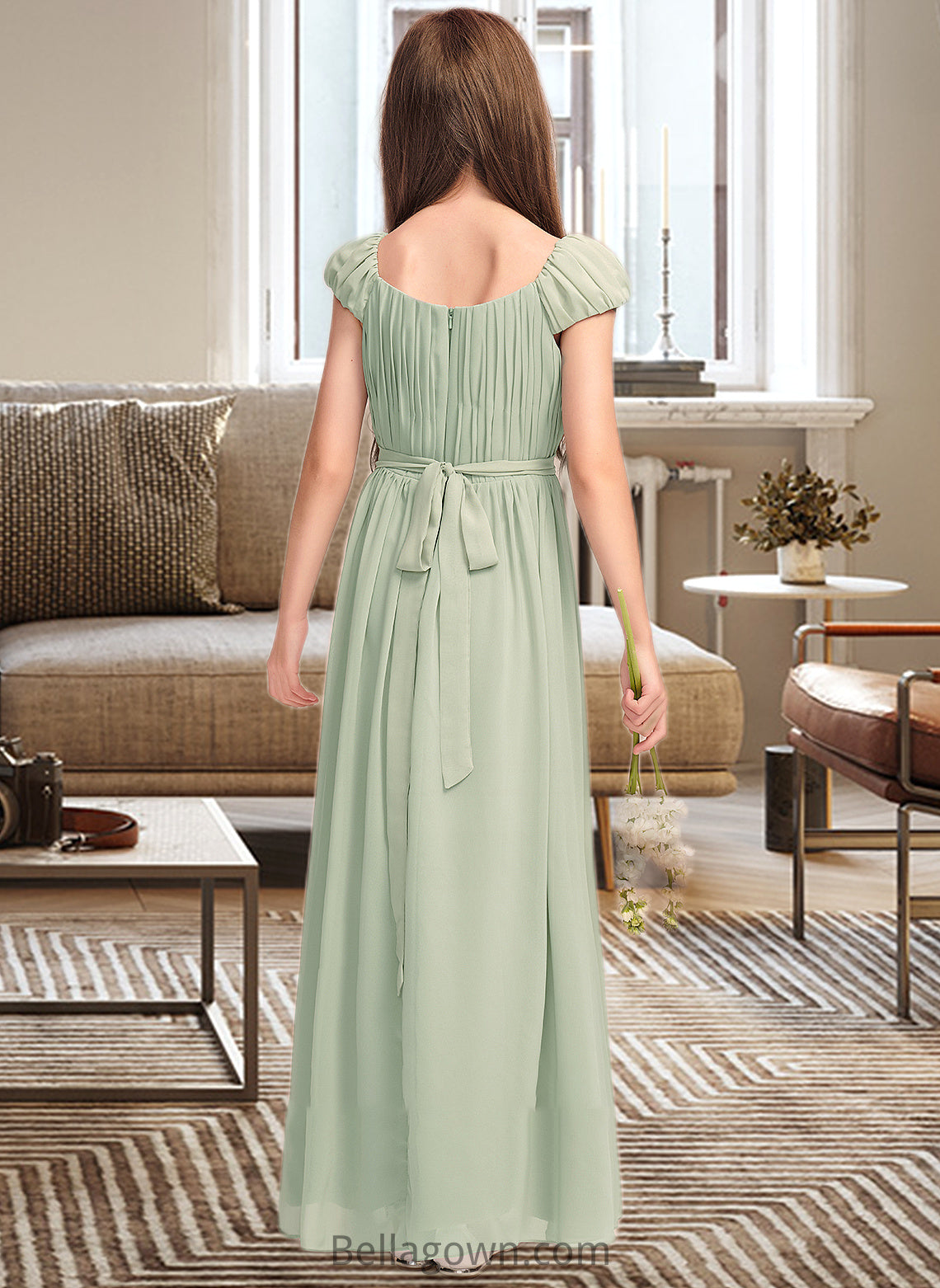 Michaela A-Line Scoop Neck Floor-Length Chiffon Junior Bridesmaid Dress With Ruffle Bow(s) DNP0013474