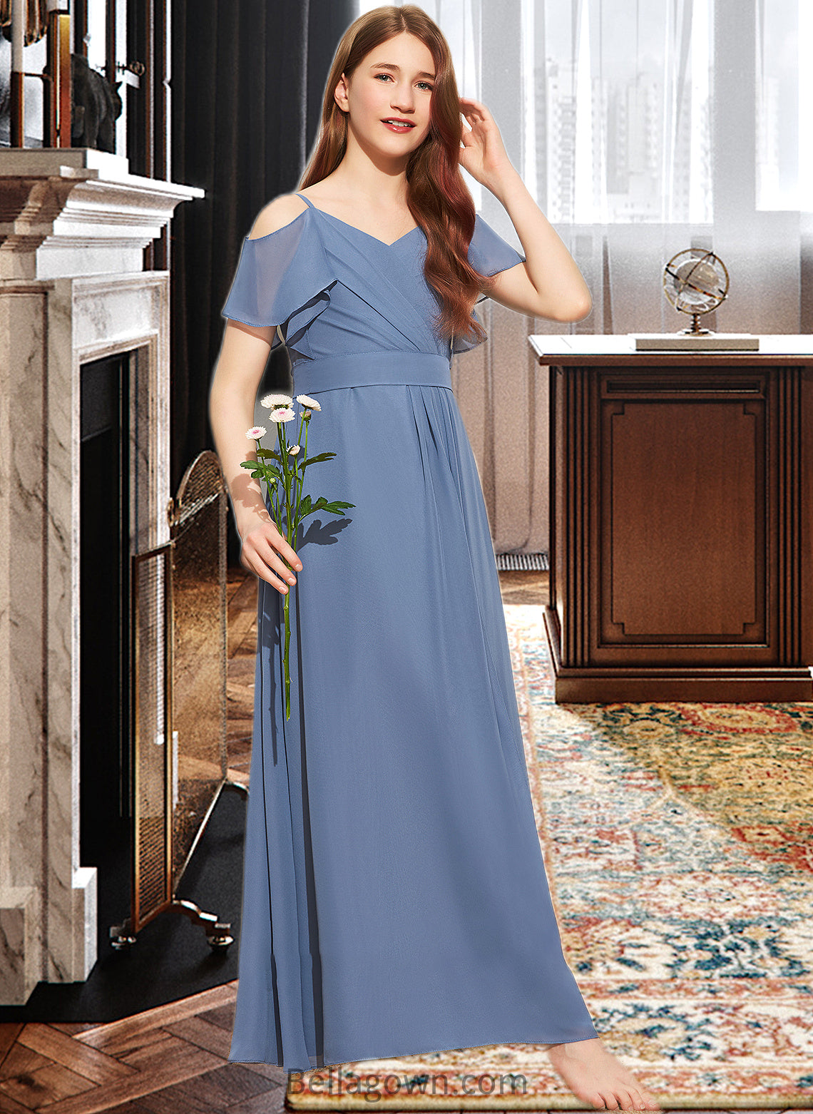 Nathalie A-Line Off-the-Shoulder Floor-Length Chiffon Junior Bridesmaid Dress With Ruffle Bow(s) DNP0013475