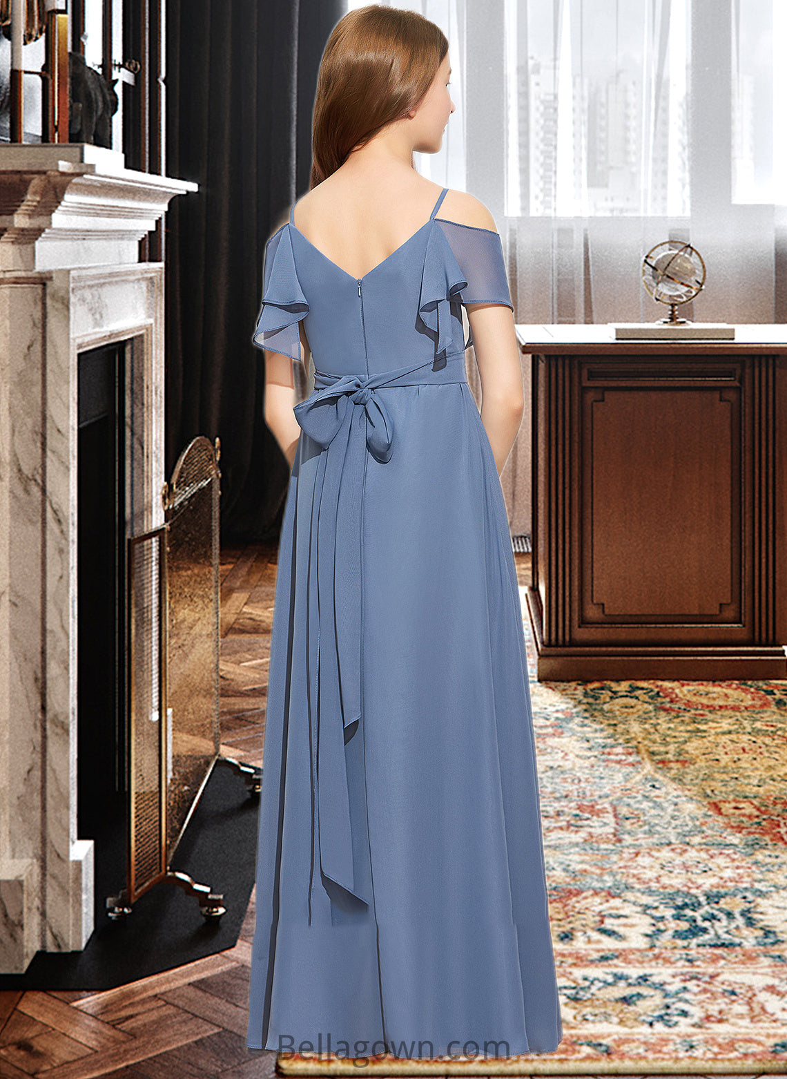 Nathalie A-Line Off-the-Shoulder Floor-Length Chiffon Junior Bridesmaid Dress With Ruffle Bow(s) DNP0013475