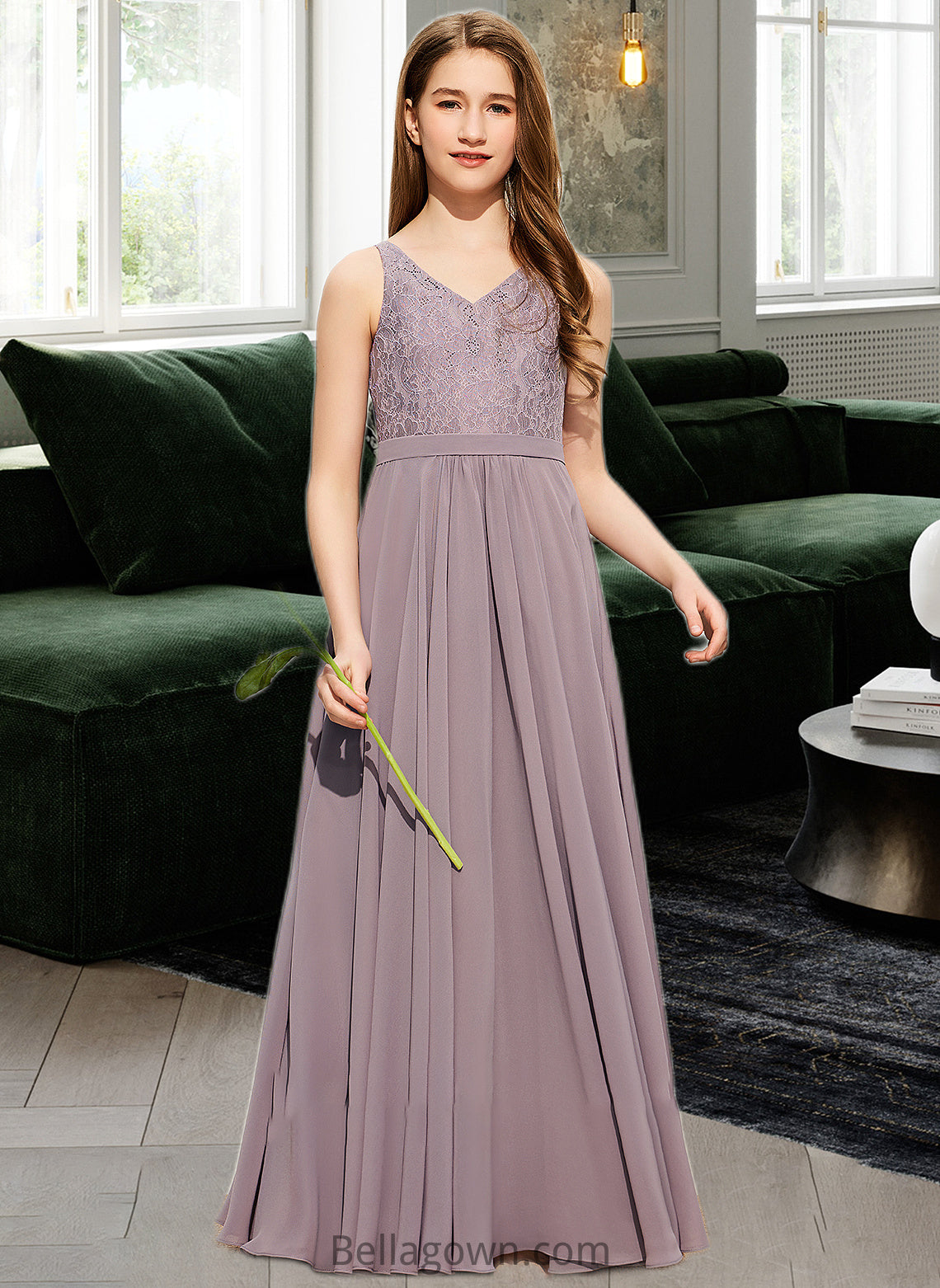 Corinne A-Line V-neck Floor-Length Chiffon Lace Junior Bridesmaid Dress DNP0013476