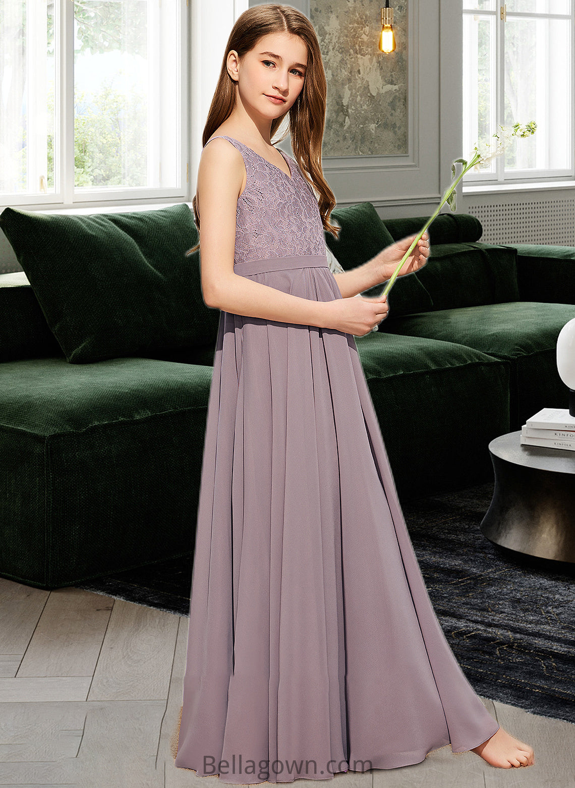 Corinne A-Line V-neck Floor-Length Chiffon Lace Junior Bridesmaid Dress DNP0013476