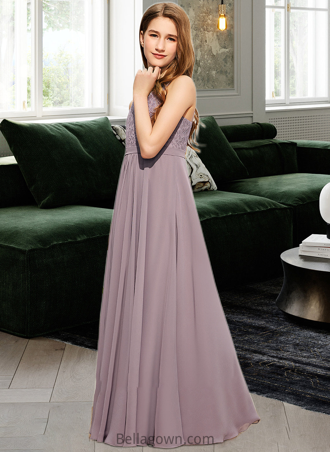 Corinne A-Line V-neck Floor-Length Chiffon Lace Junior Bridesmaid Dress DNP0013476