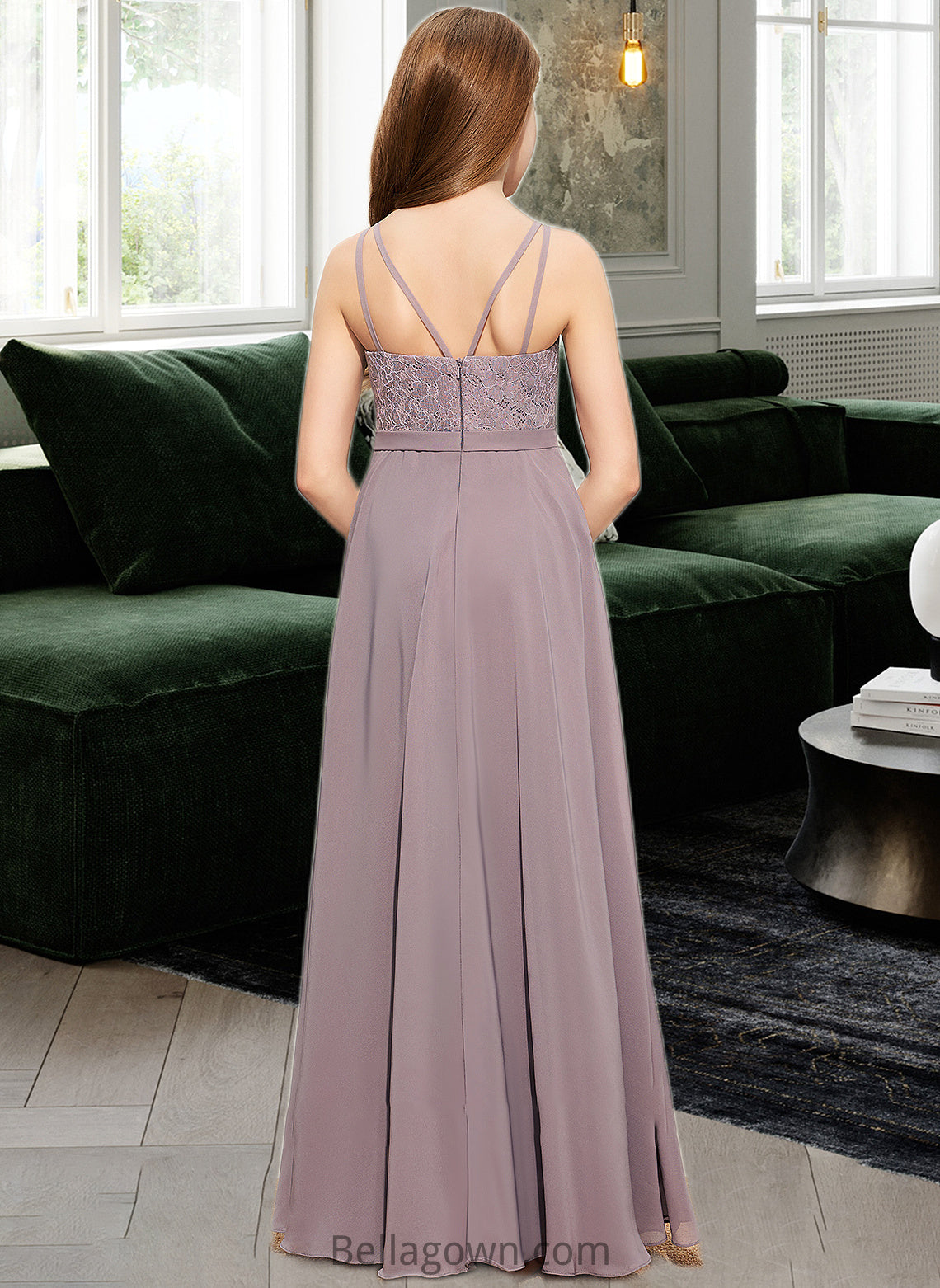 Corinne A-Line V-neck Floor-Length Chiffon Lace Junior Bridesmaid Dress DNP0013476