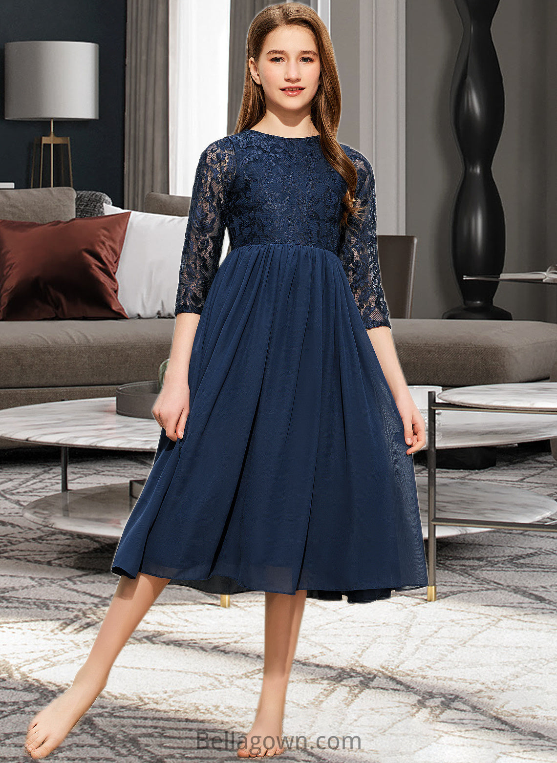 Emily A-Line Scoop Neck Tea-Length Chiffon Lace Junior Bridesmaid Dress DNP0013477