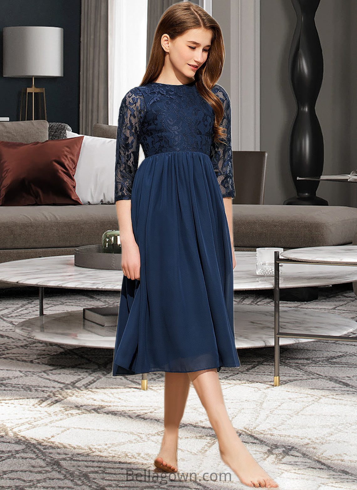 Emily A-Line Scoop Neck Tea-Length Chiffon Lace Junior Bridesmaid Dress DNP0013477