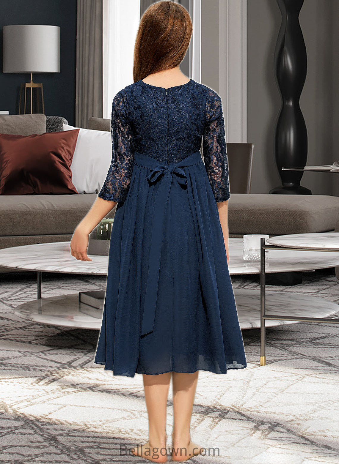 Emily A-Line Scoop Neck Tea-Length Chiffon Lace Junior Bridesmaid Dress DNP0013477