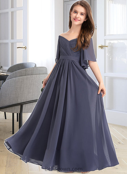 Winifred A-Line Off-the-Shoulder Floor-Length Chiffon Junior Bridesmaid Dress With Ruffle Bow(s) DNP0013479