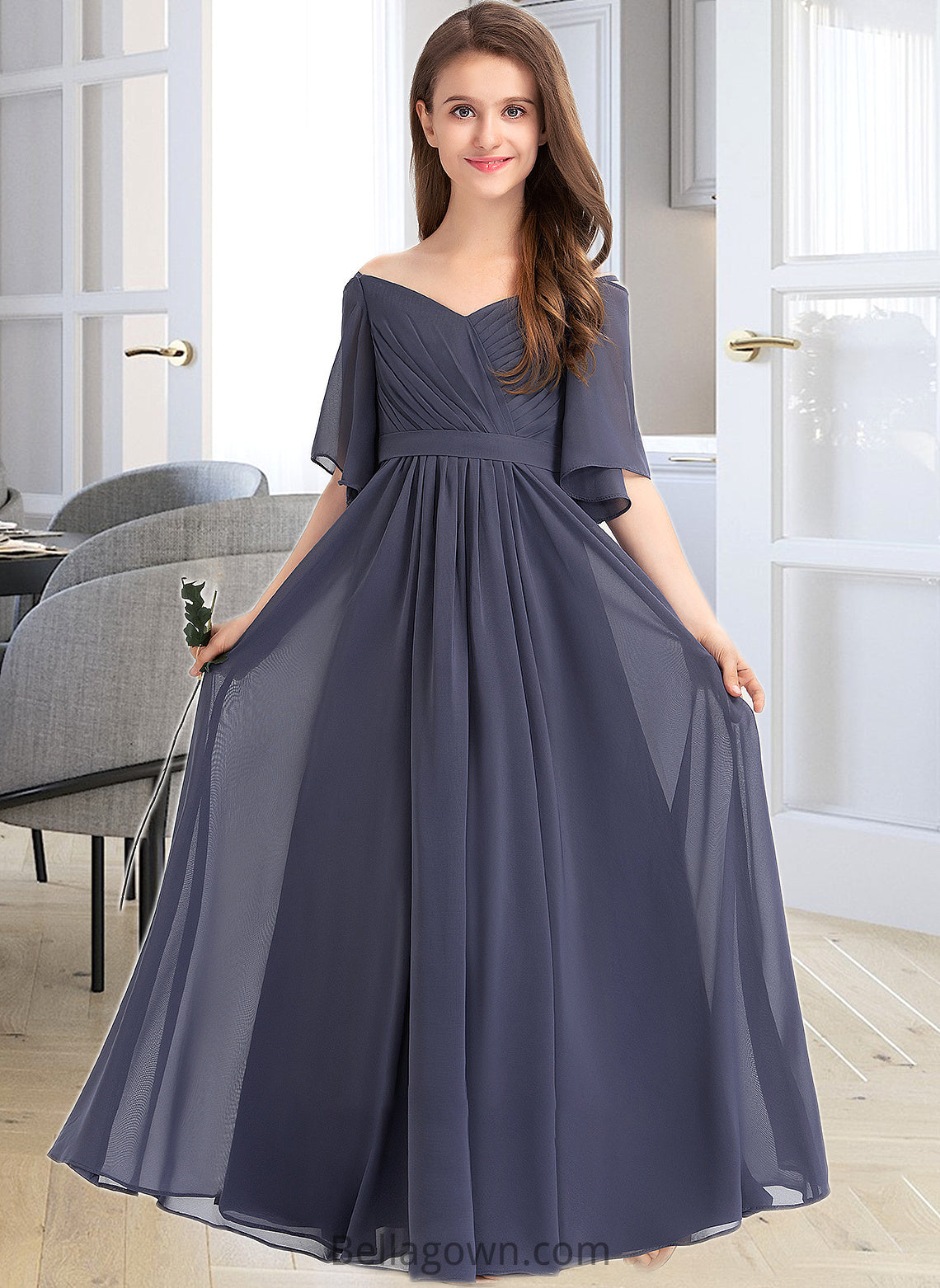 Winifred A-Line Off-the-Shoulder Floor-Length Chiffon Junior Bridesmaid Dress With Ruffle Bow(s) DNP0013479