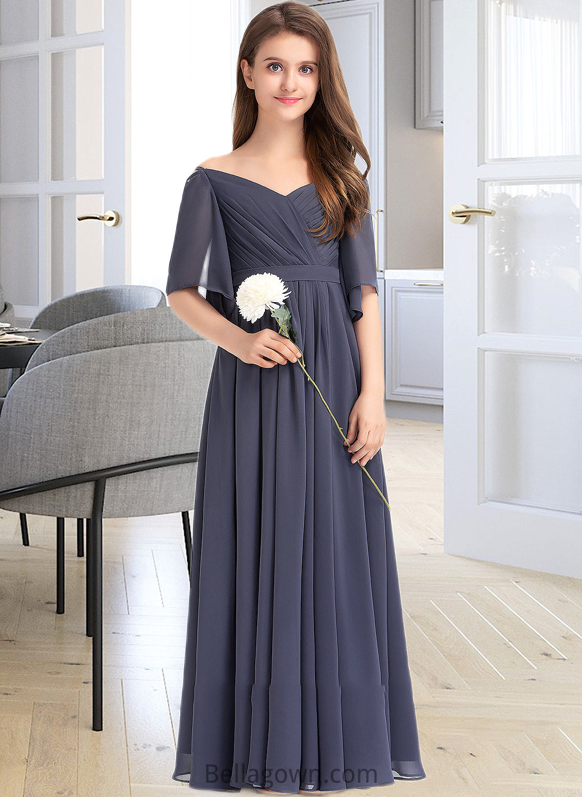 Winifred A-Line Off-the-Shoulder Floor-Length Chiffon Junior Bridesmaid Dress With Ruffle Bow(s) DNP0013479